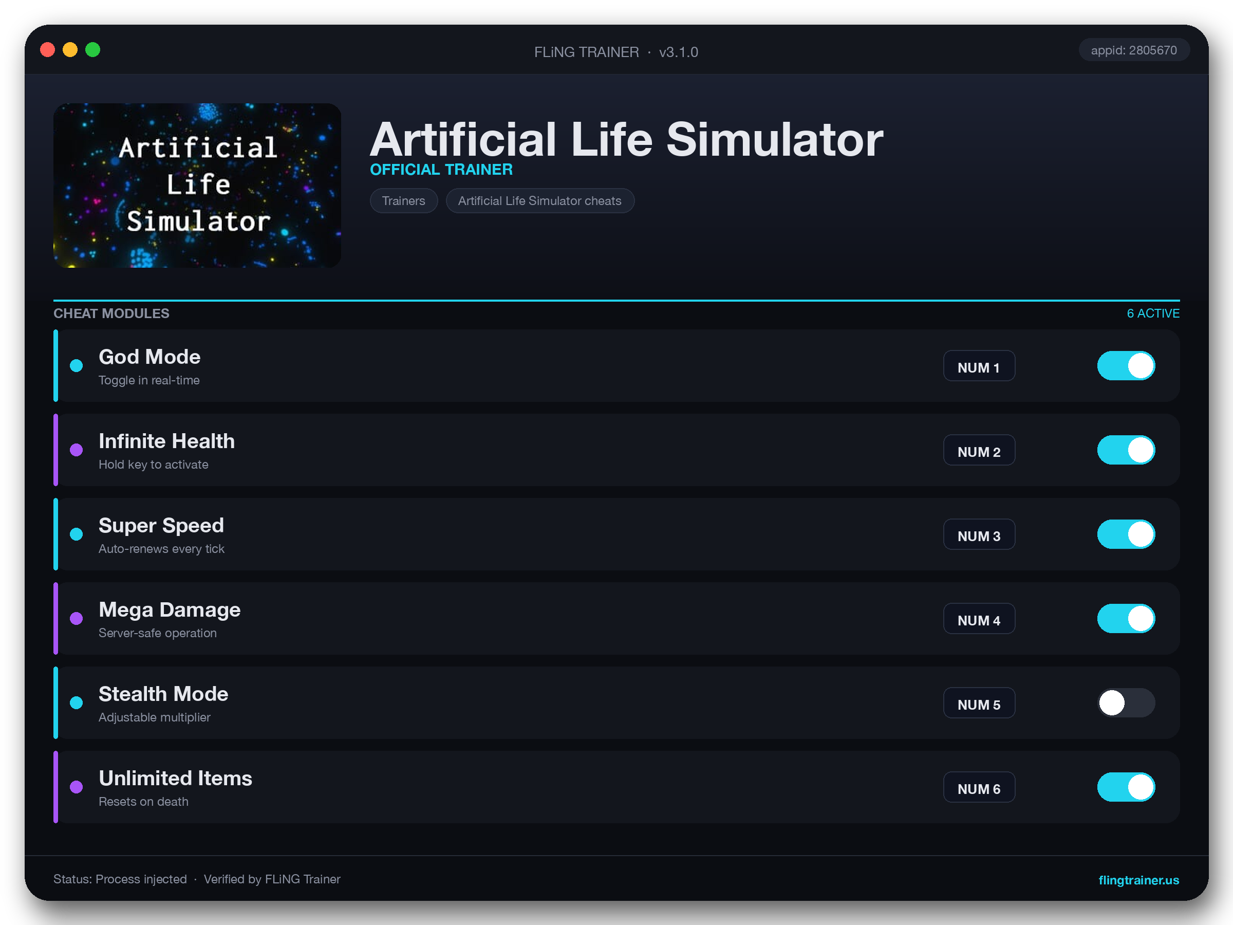 Artificial Life Simulator Trainer interface
