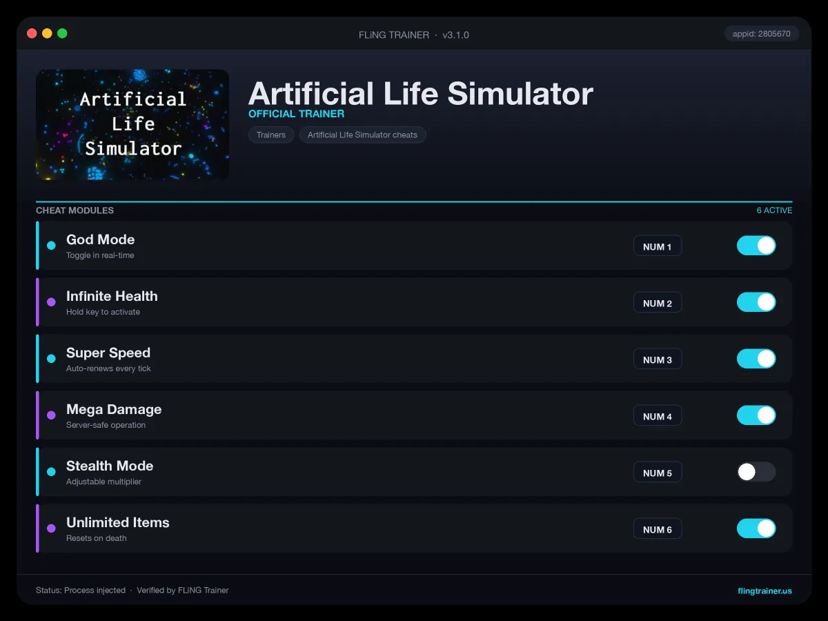 Artificial Life Simulator Trainer interface