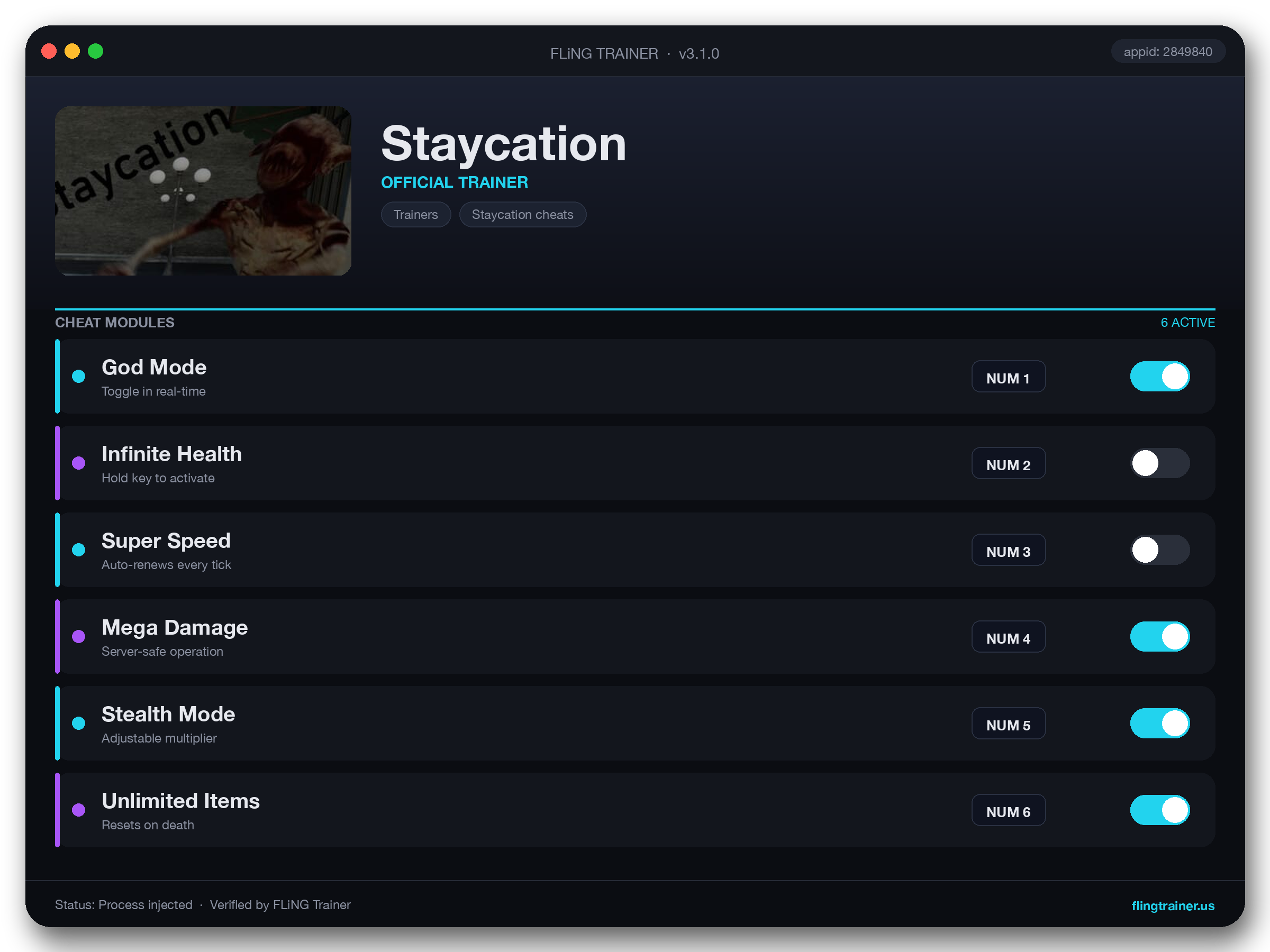 Staycation Trainer interface