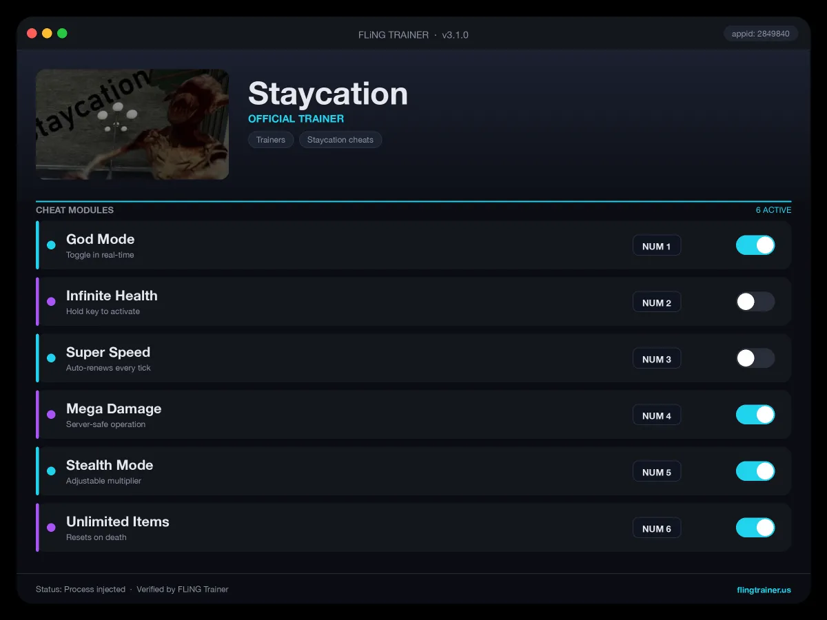 Staycation Trainer interface