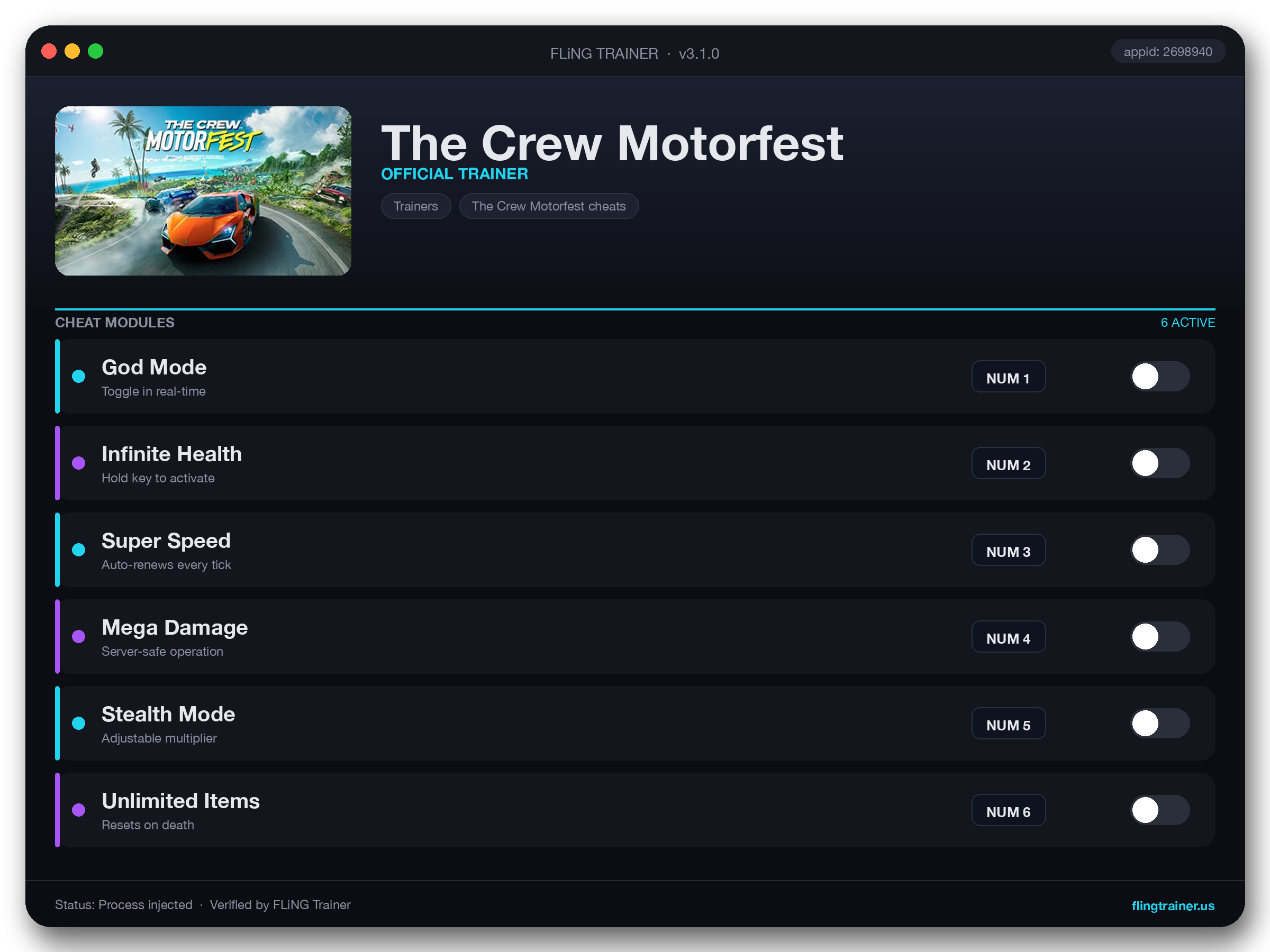 The Crew Motorfest Trainer interface