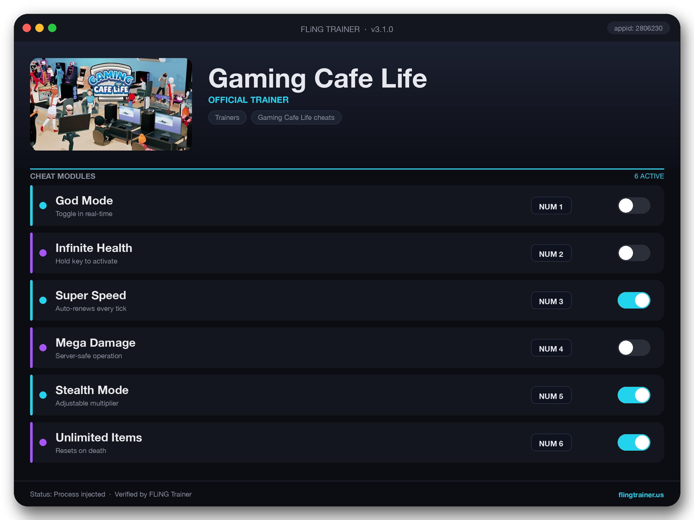 Gaming Cafe Life Trainer interface