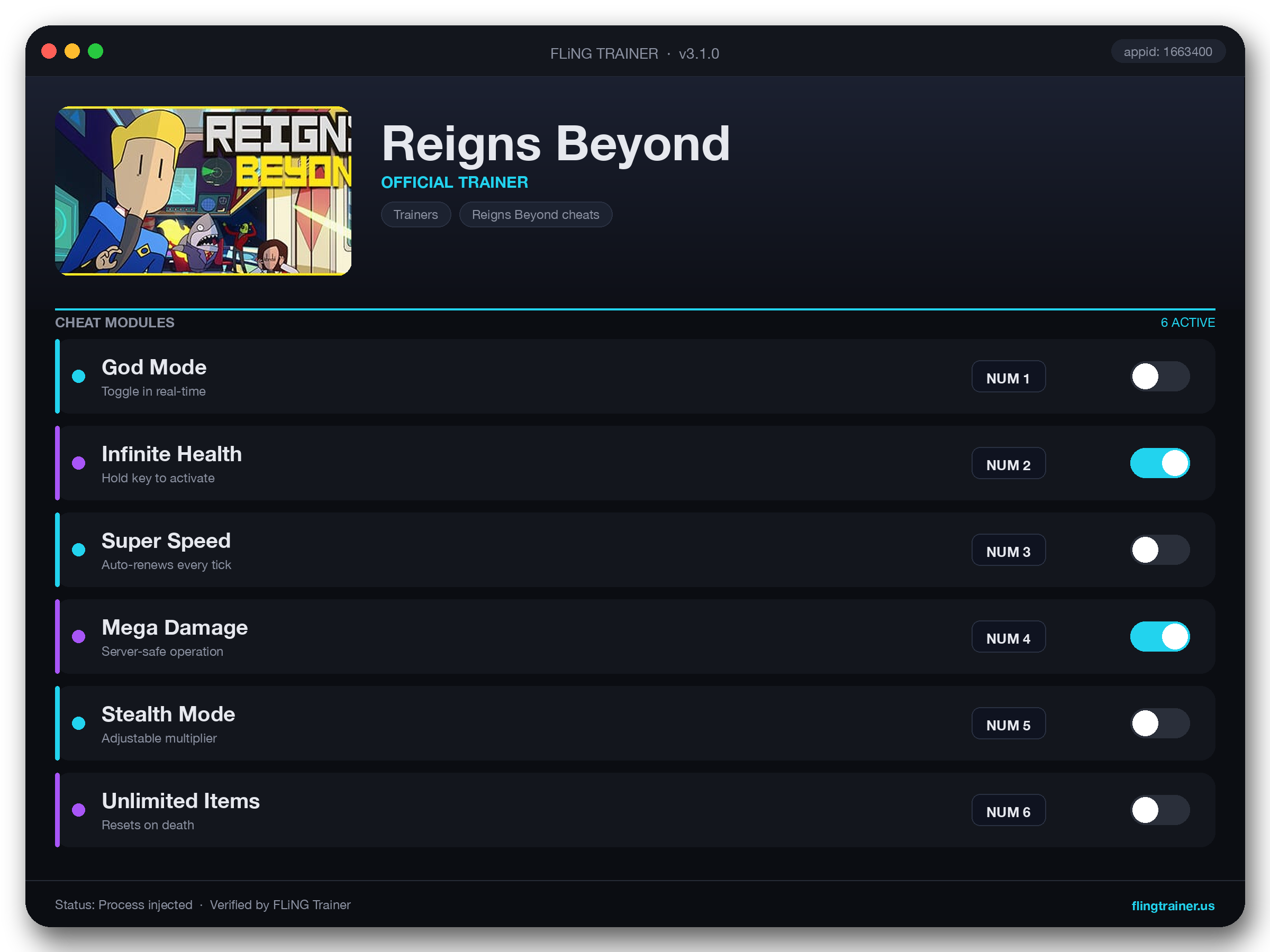Reigns Beyond Trainer interface