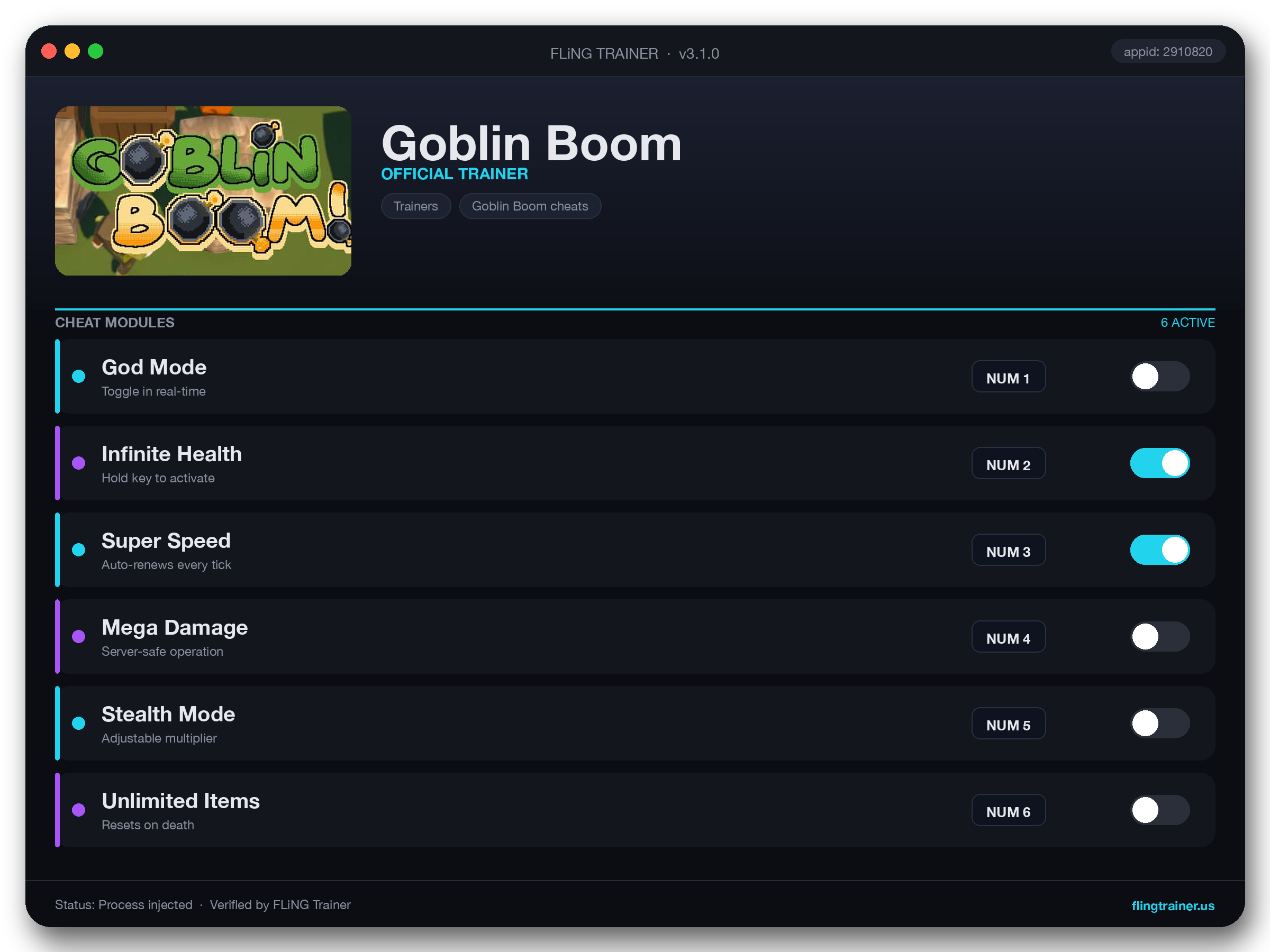 Goblin Boom Trainer interface