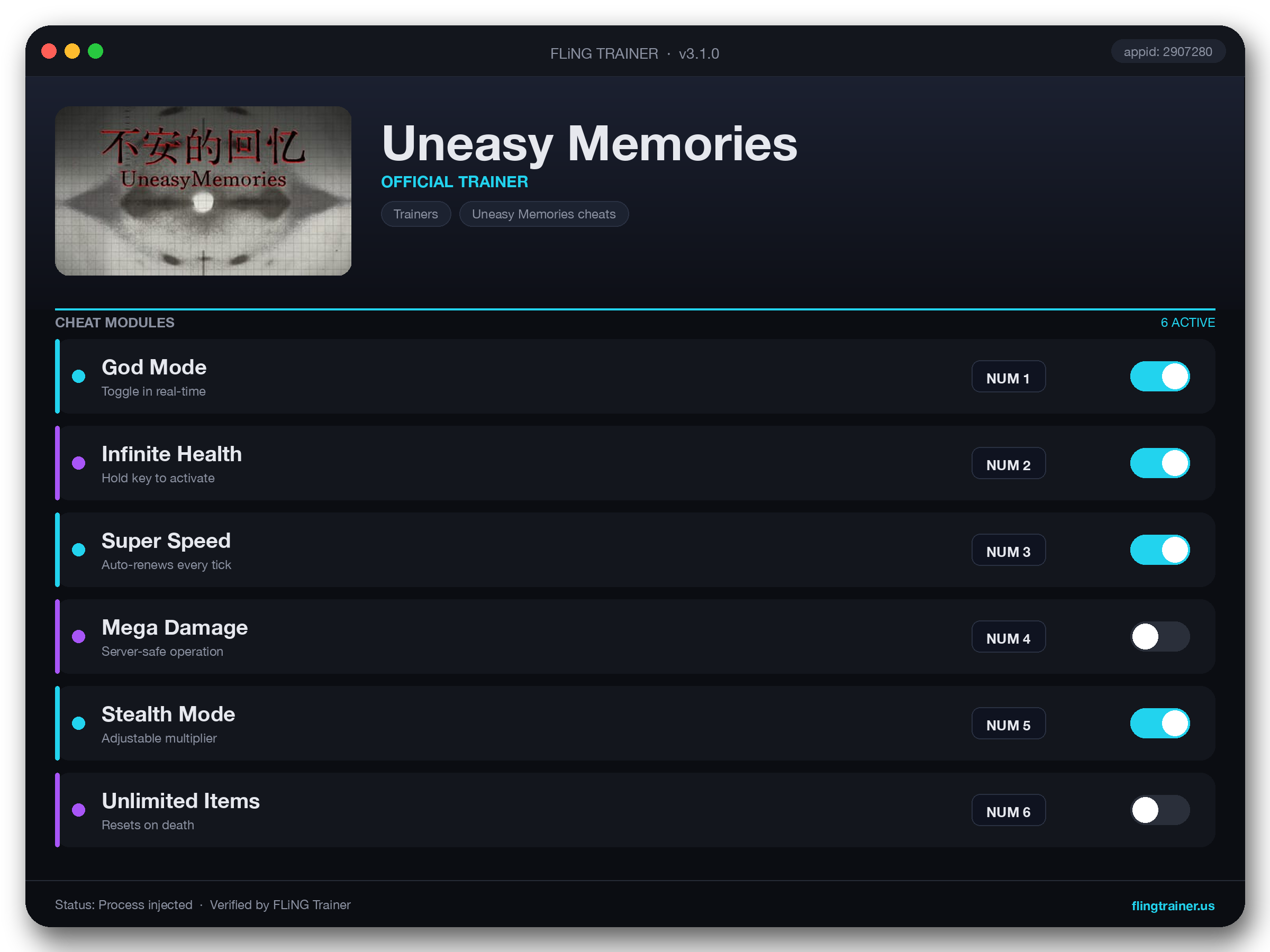 Uneasy Memories Trainer interface