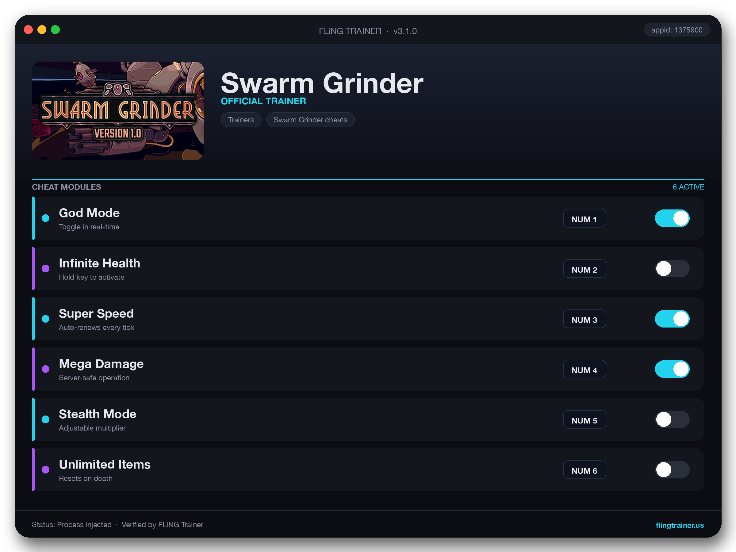 Swarm Grinder Trainer interface