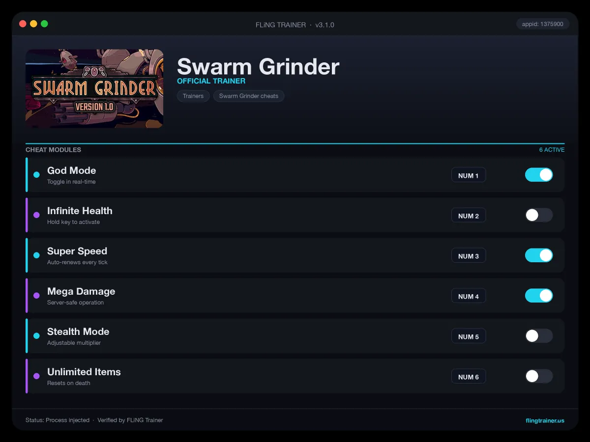 Swarm Grinder Trainer interface