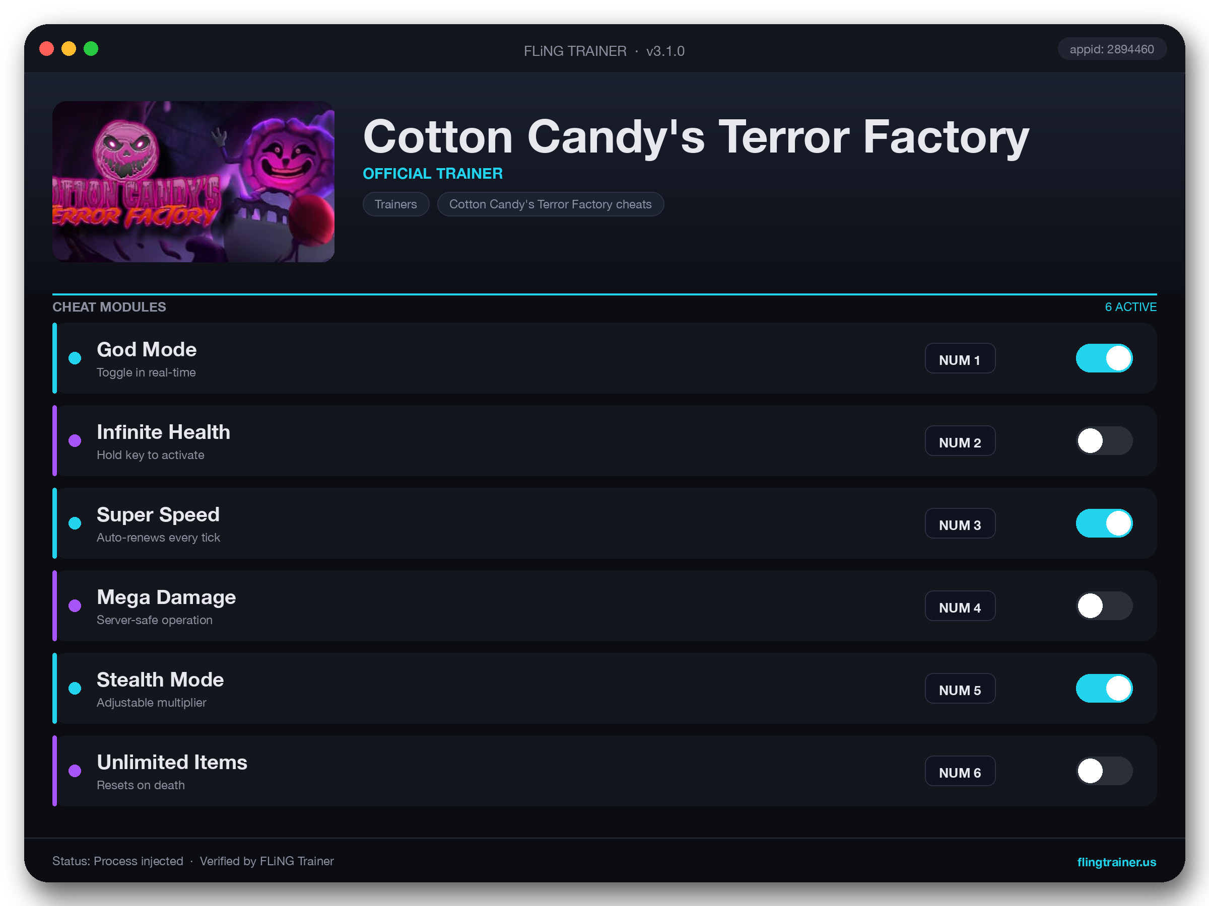 Cotton Candy's Terror Factory Trainer interface
