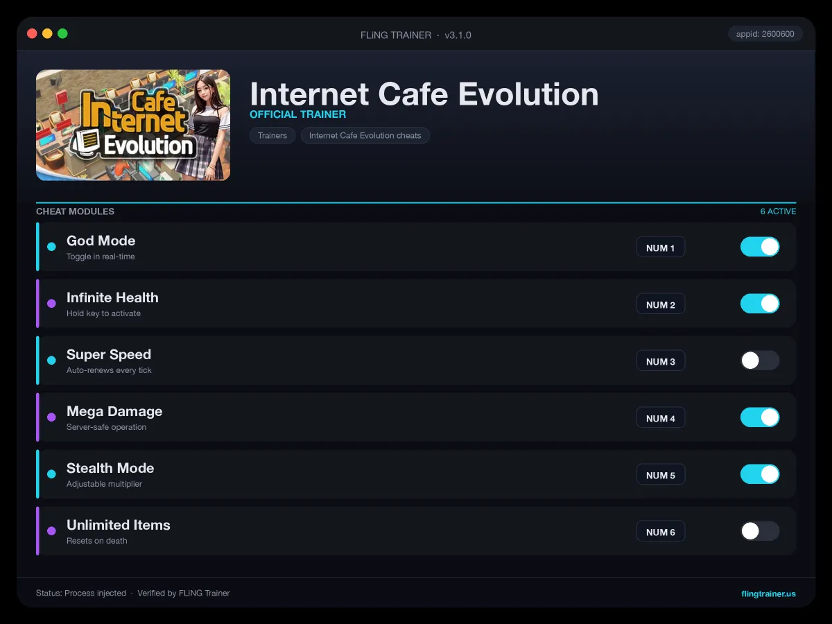 Internet Cafe Evolution Trainer interface