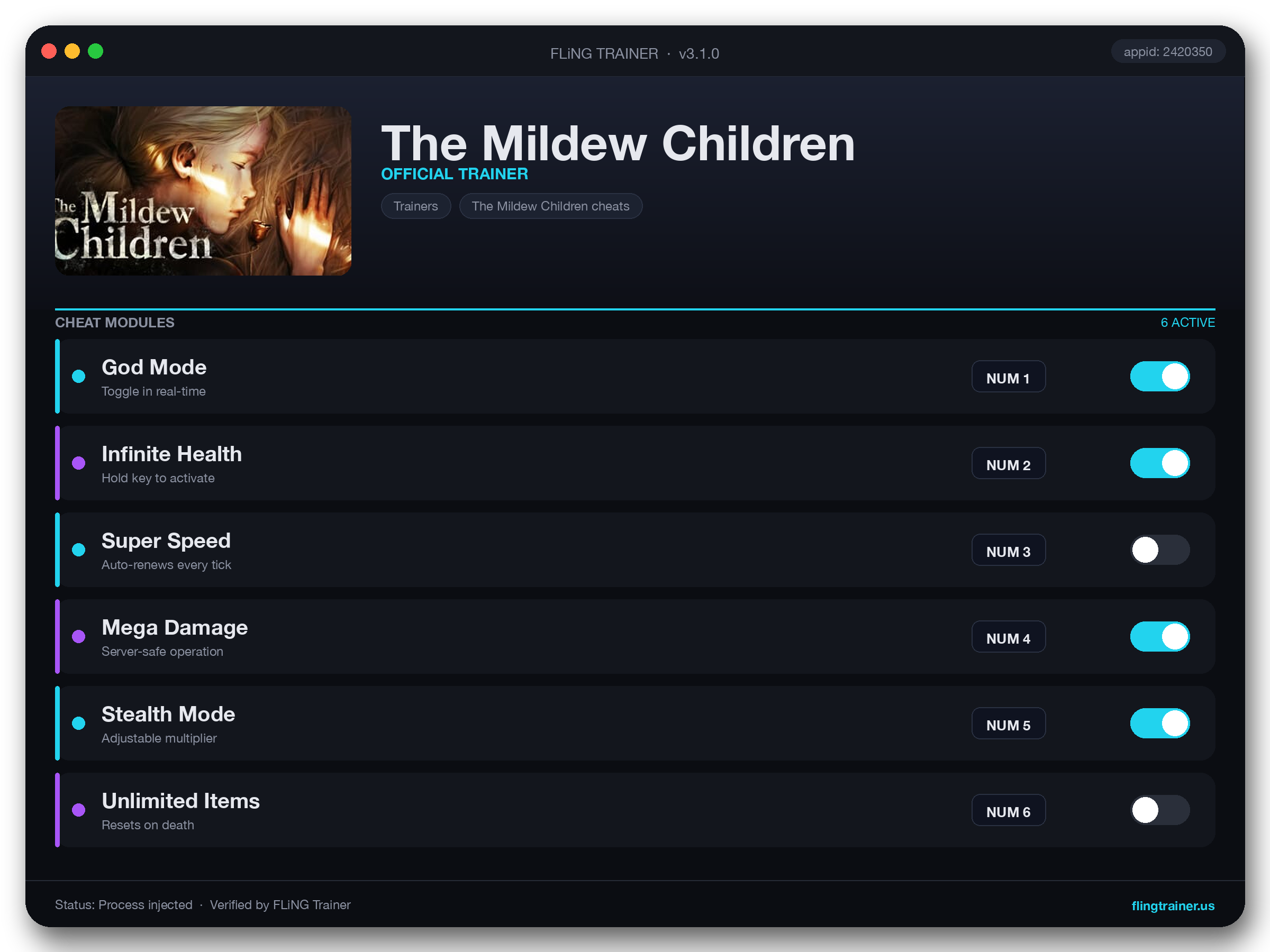 The Mildew Children Trainer interface