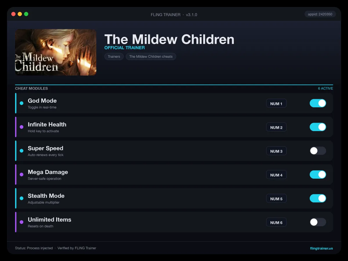 The Mildew Children Trainer interface