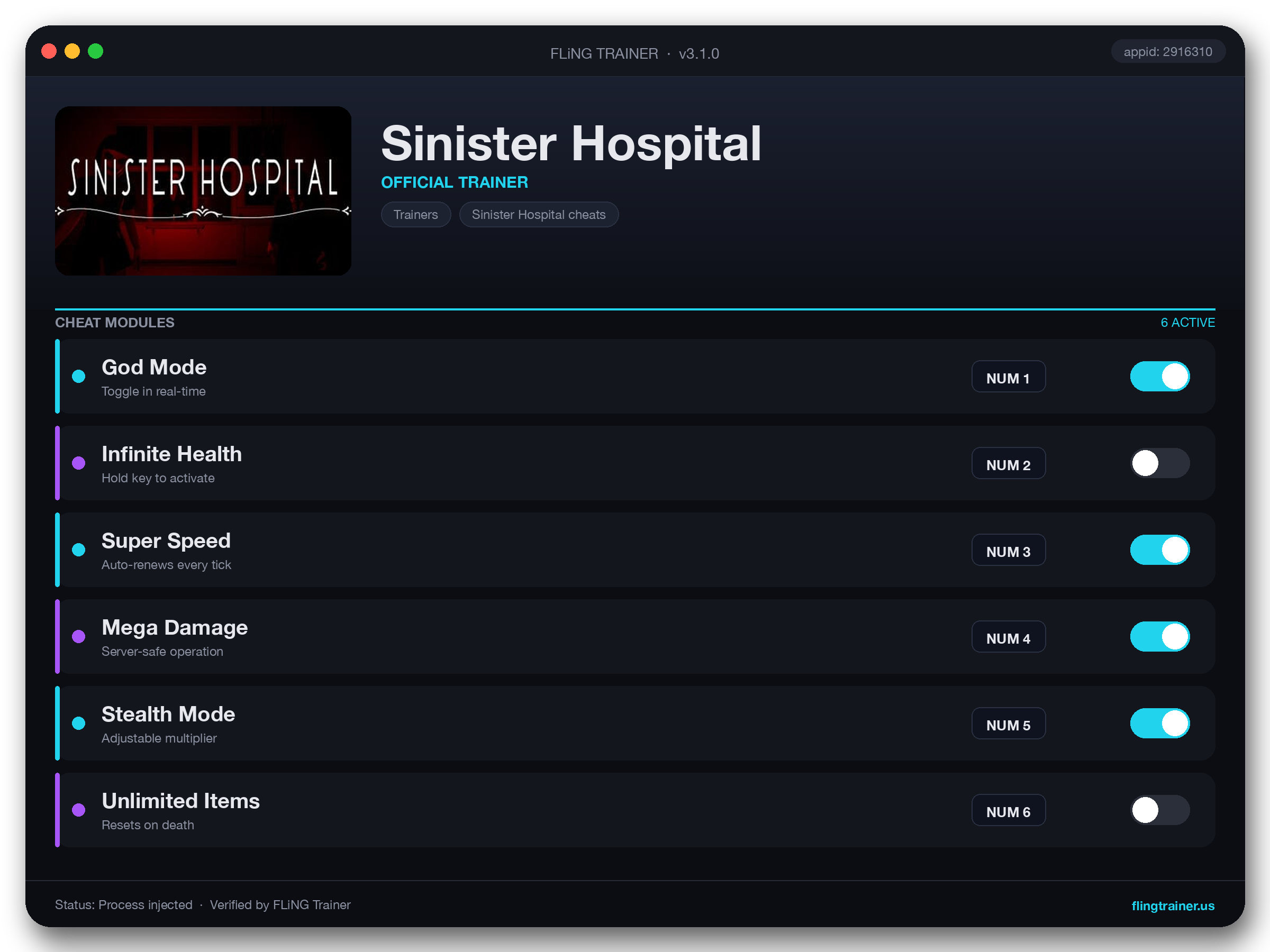 Sinister Hospital Trainer interface