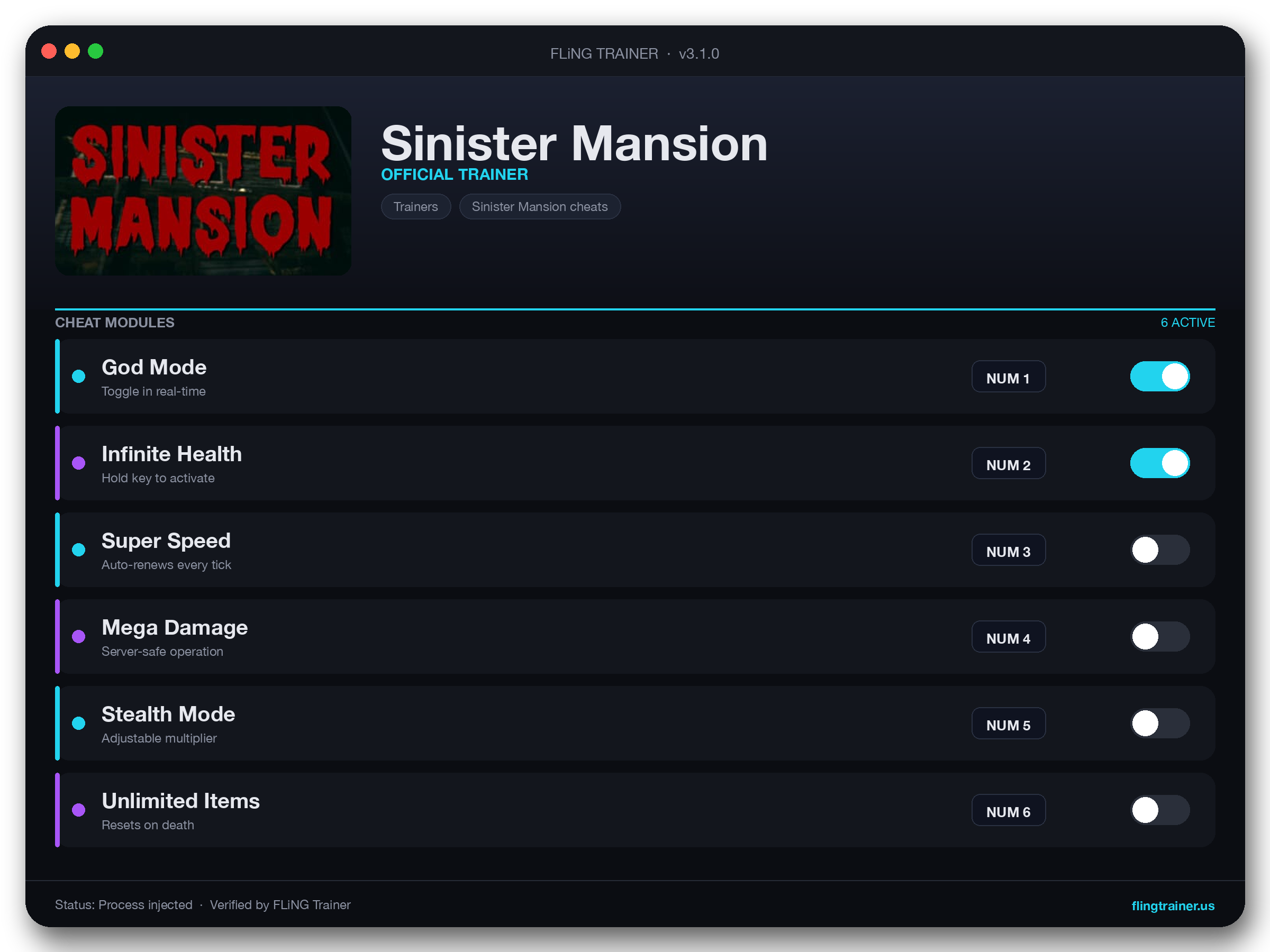 Sinister Mansion Trainer interface