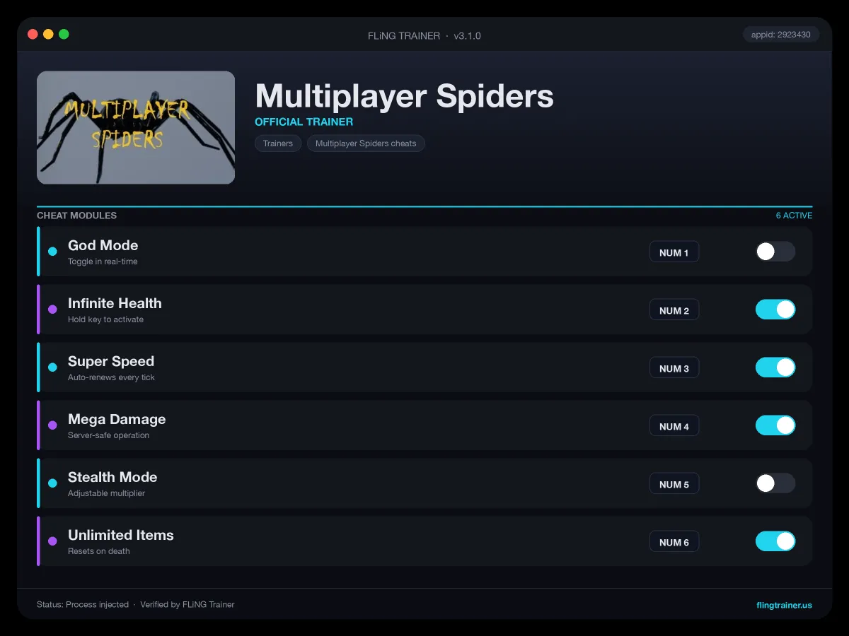 Multiplayer Spiders Trainer interface