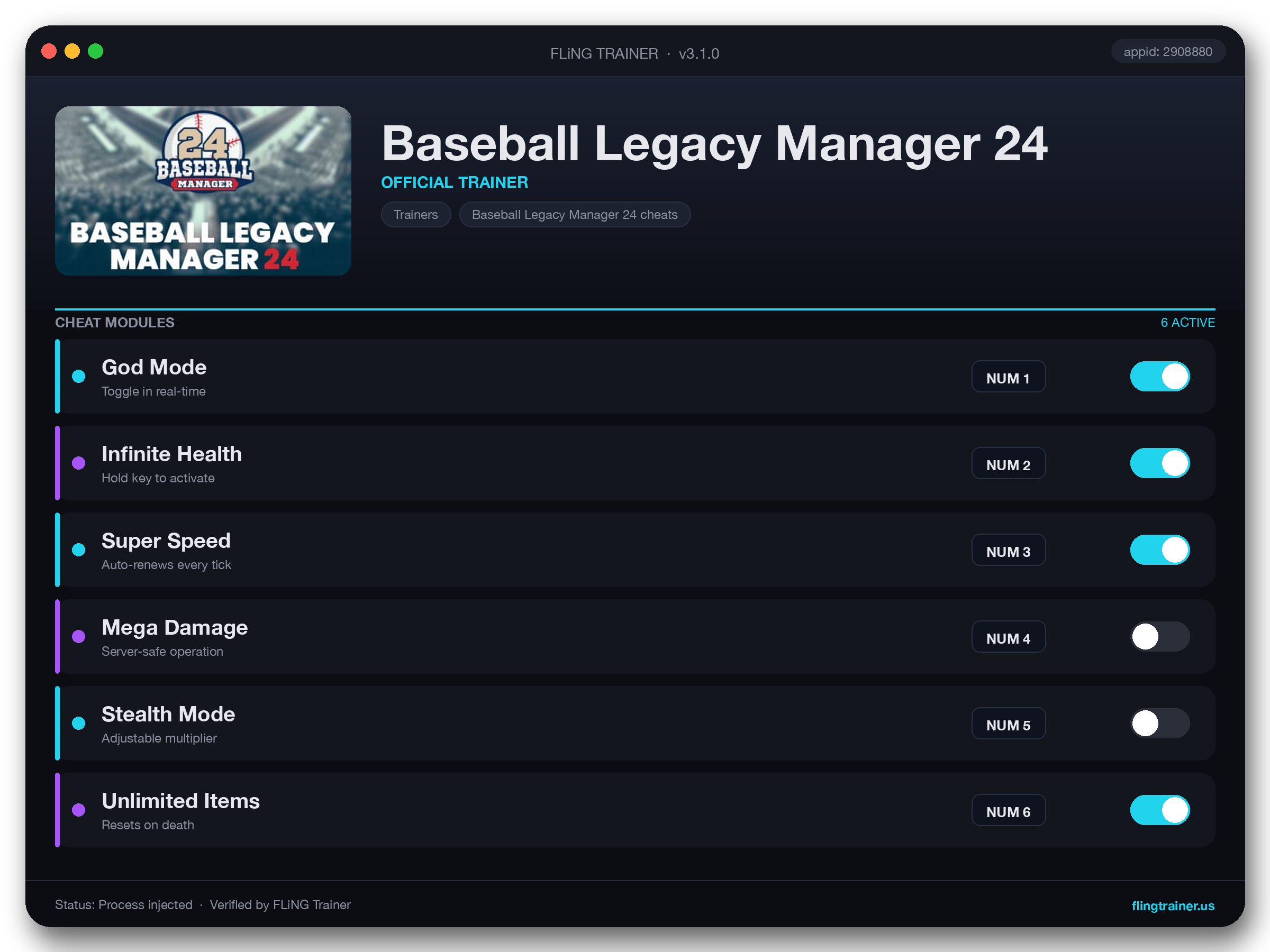 Baseball Legacy Manager 24 Trainer interface