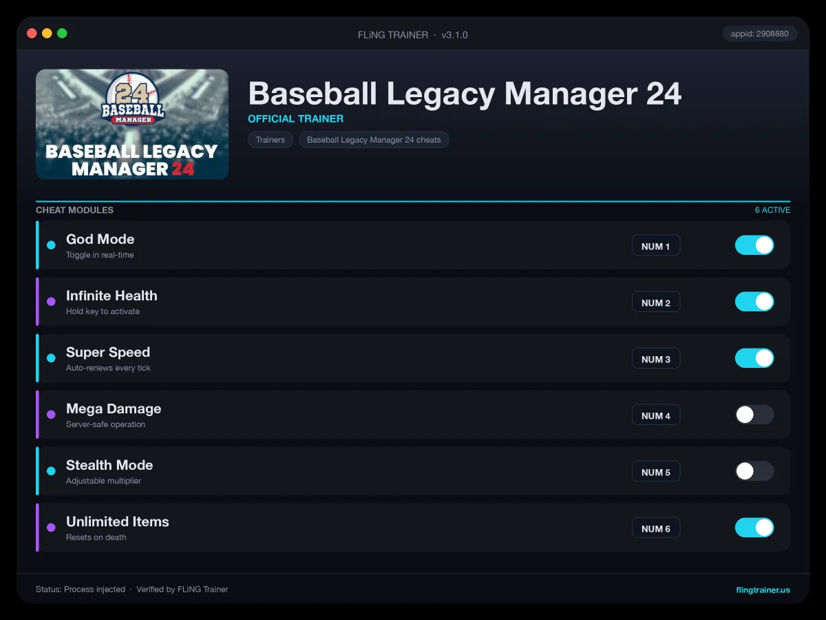 Baseball Legacy Manager 24 Trainer interface