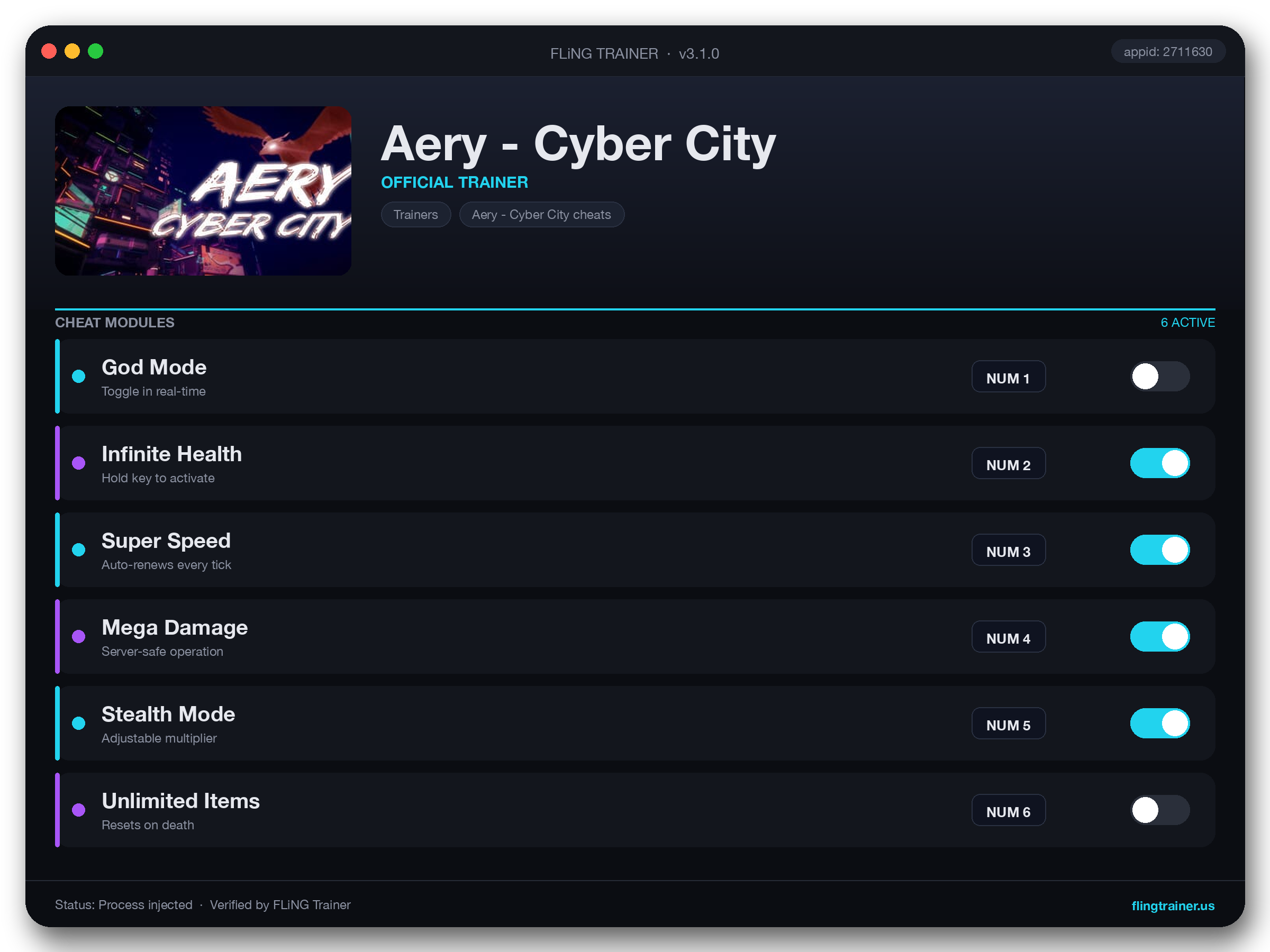 Aery - Cyber City Trainer interface