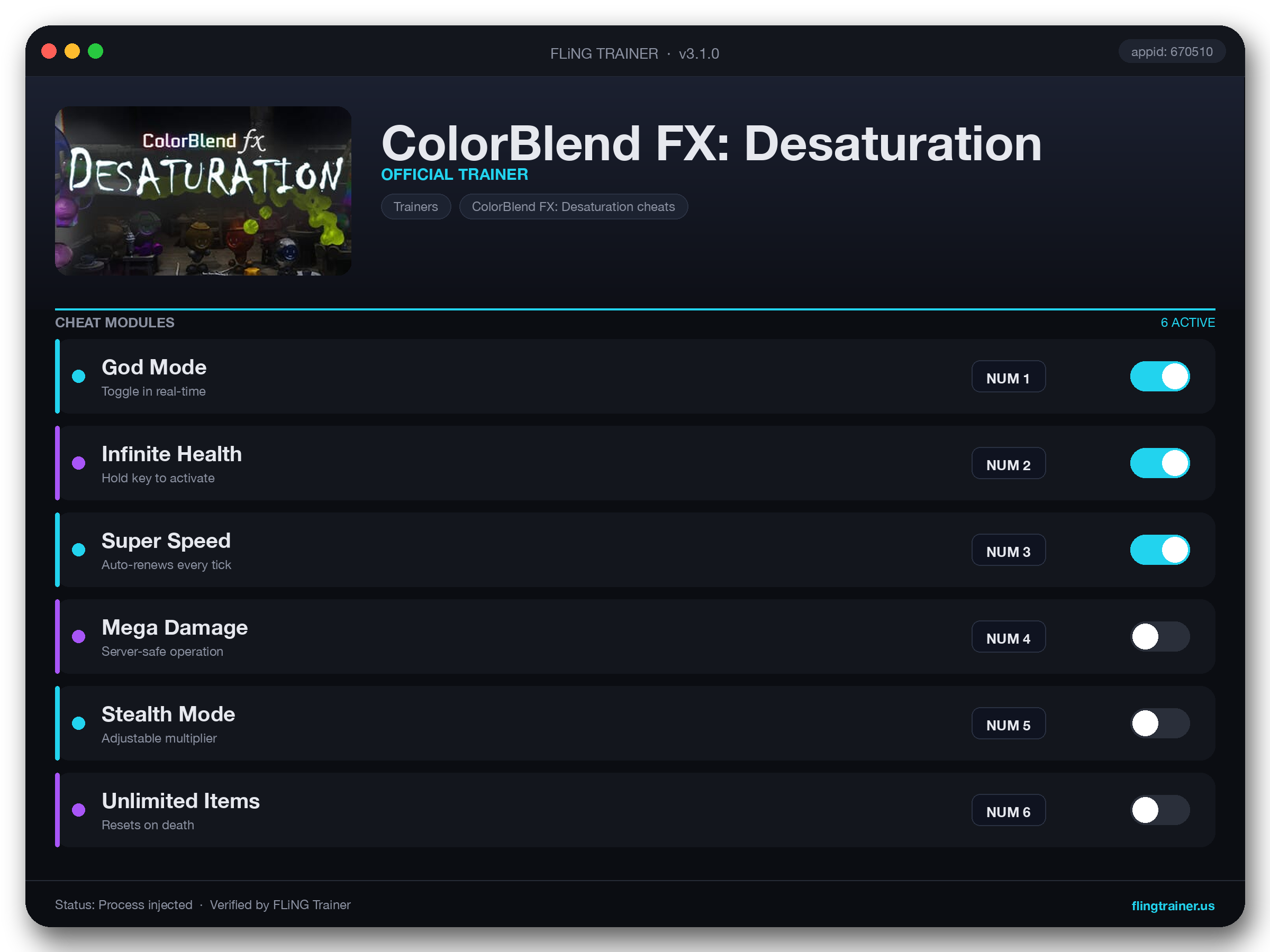 ColorBlend FX: Desaturation Trainer interface