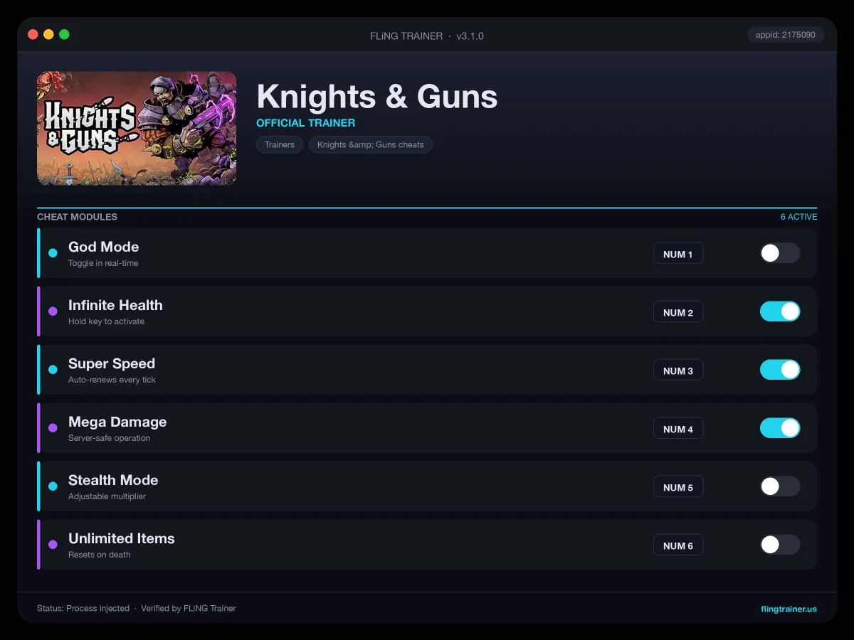 Knights & Guns Trainer interface