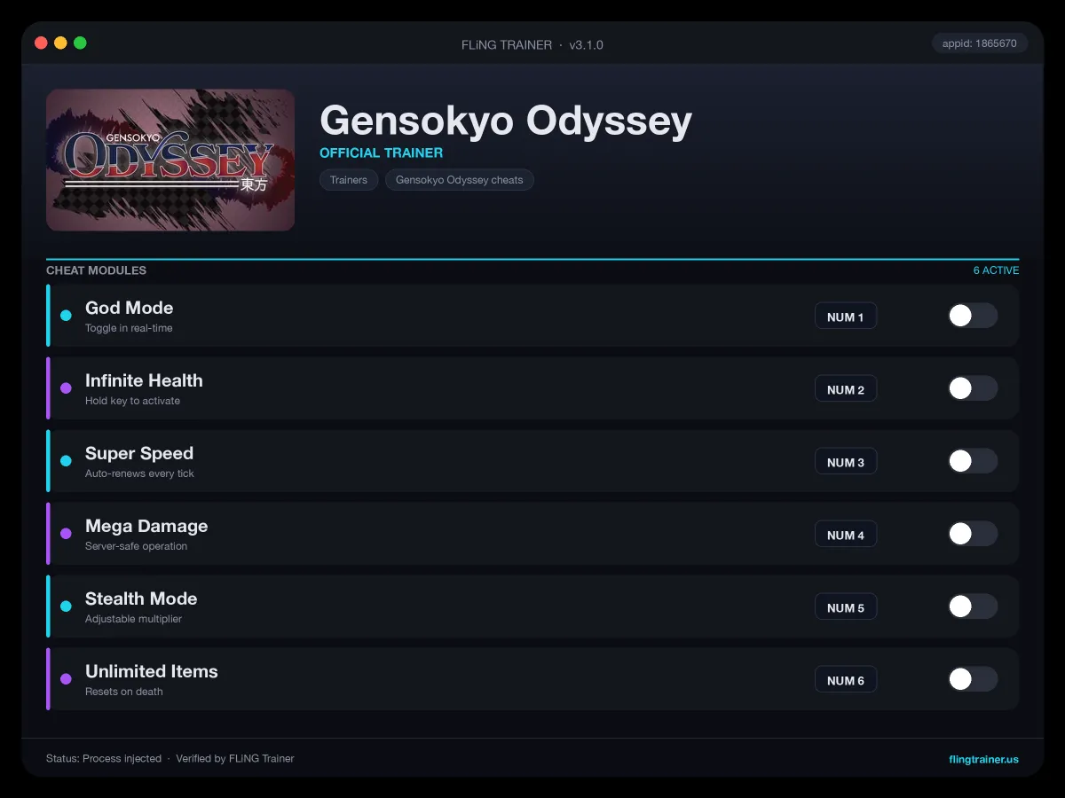 Gensokyo Odyssey Trainer interface