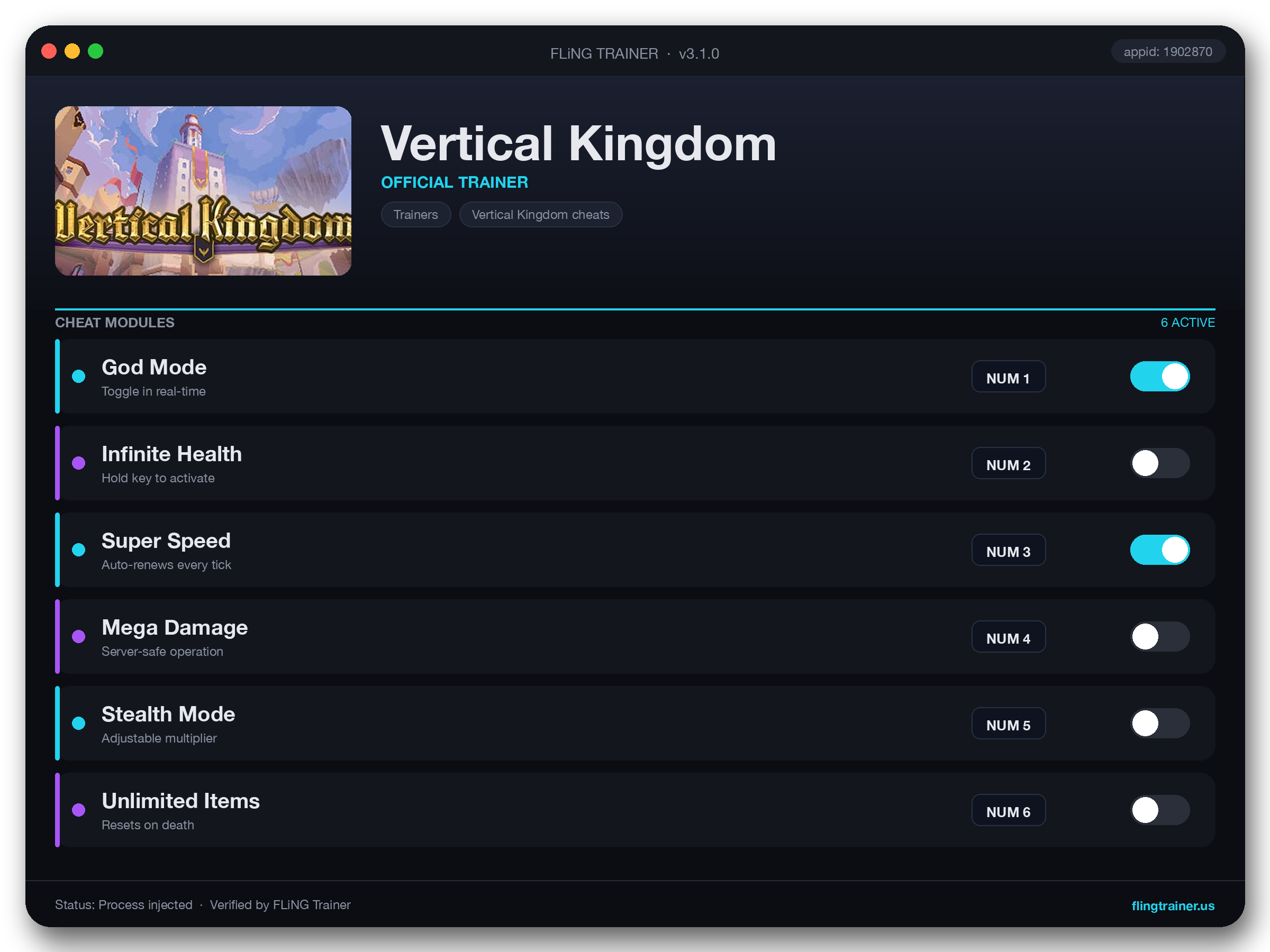 Vertical Kingdom Trainer interface
