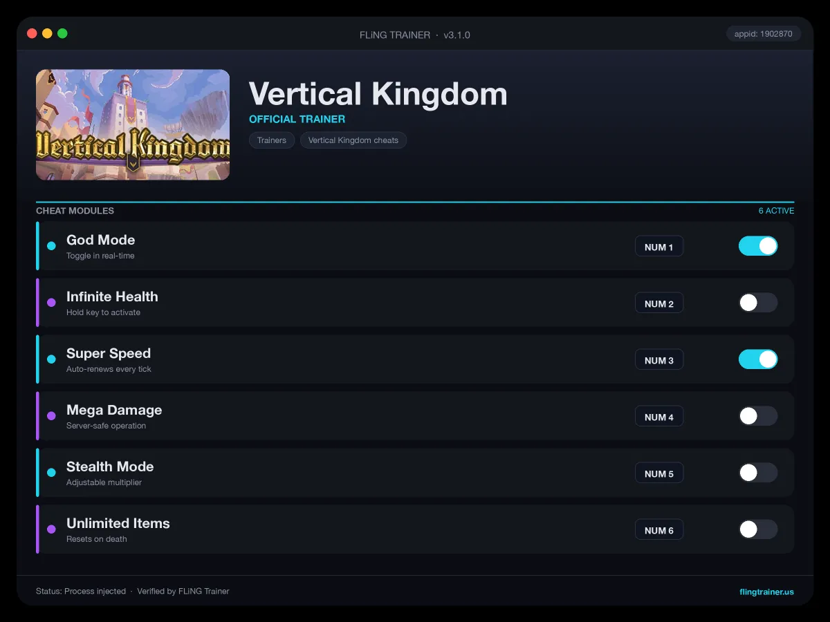 Vertical Kingdom Trainer interface