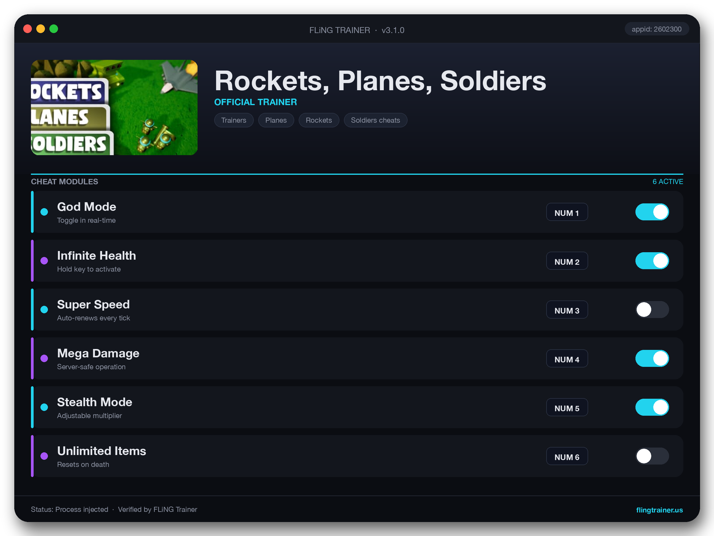 Rockets, Planes, Soldiers Trainer interface