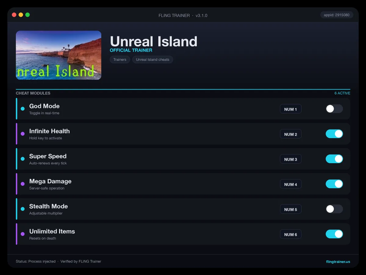 Unreal Island Trainer interface