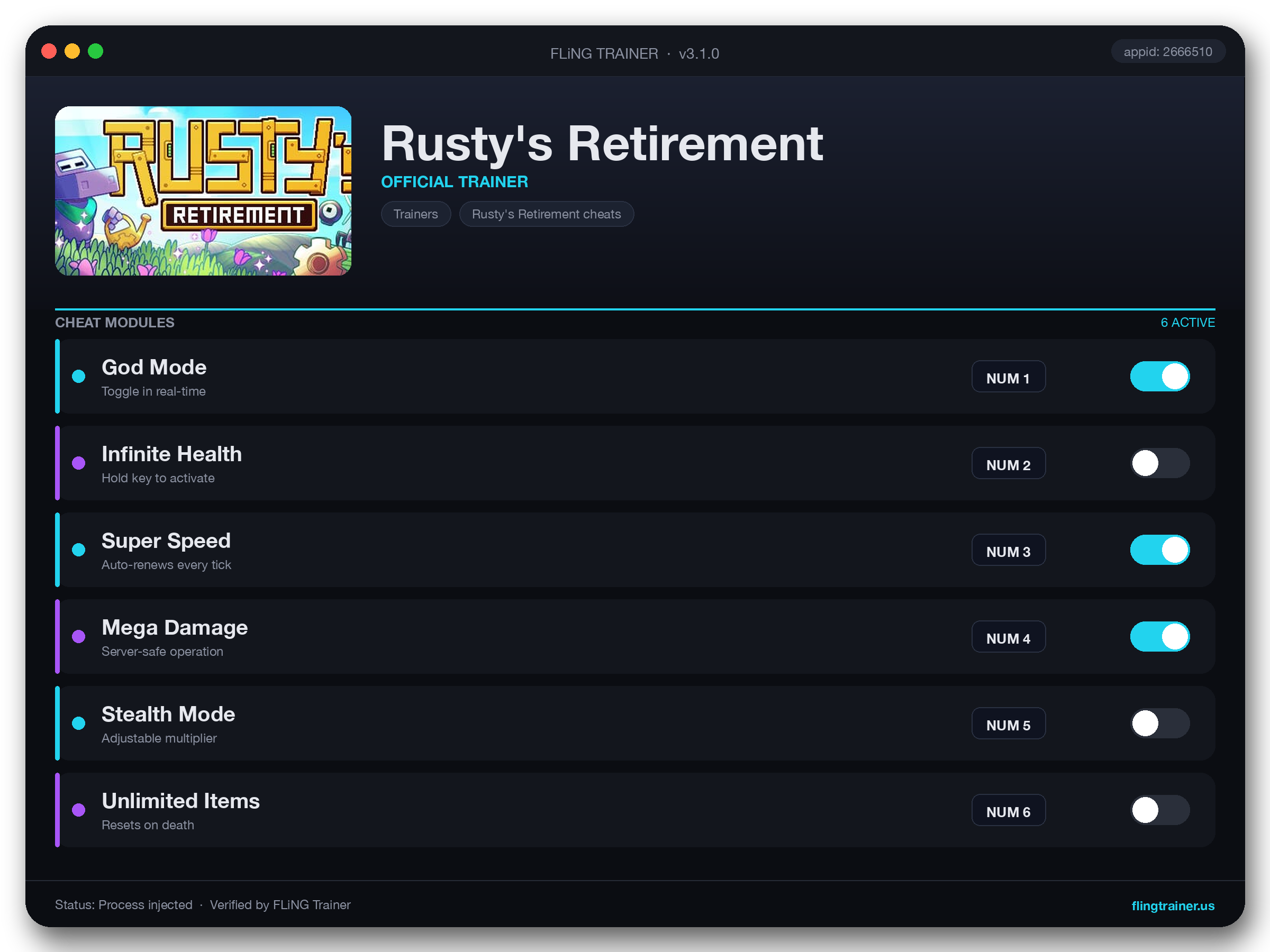 Rusty's Retirement Trainer interface