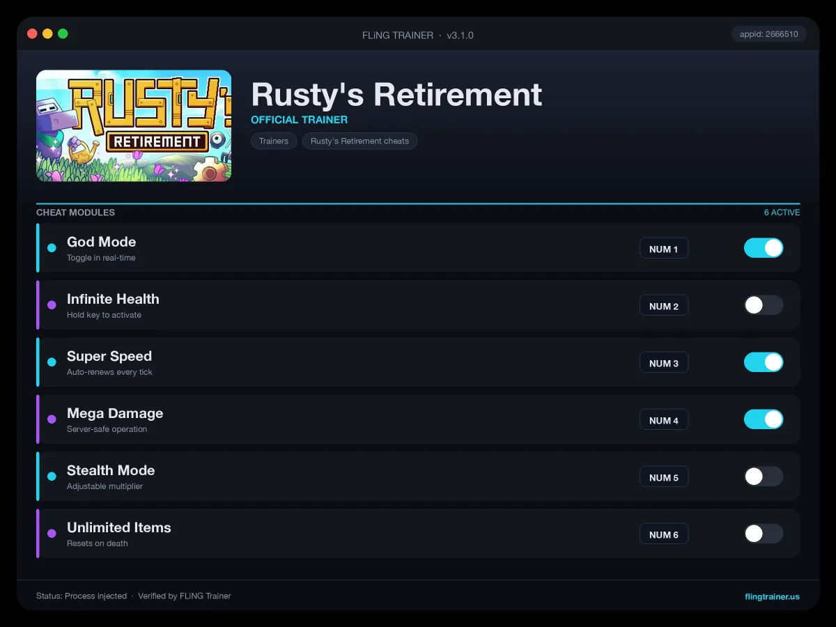 Rusty's Retirement Trainer interface
