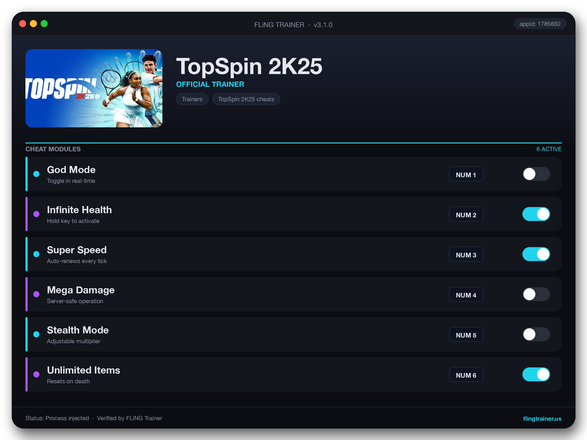 TopSpin 2K25 Trainer interface