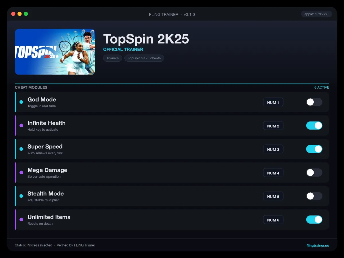 TopSpin 2K25 Trainer interface
