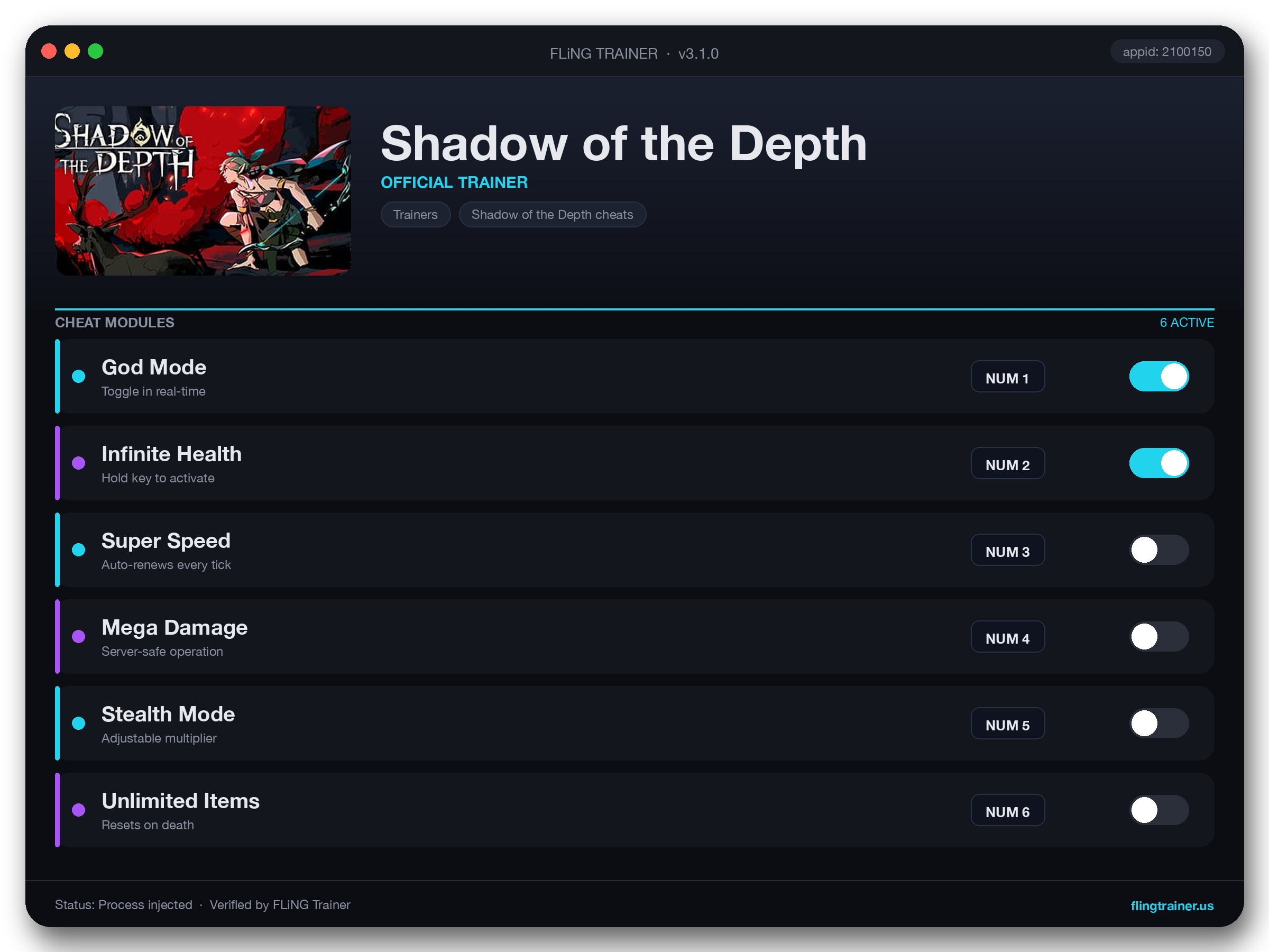 Shadow of the Depth Trainer interface