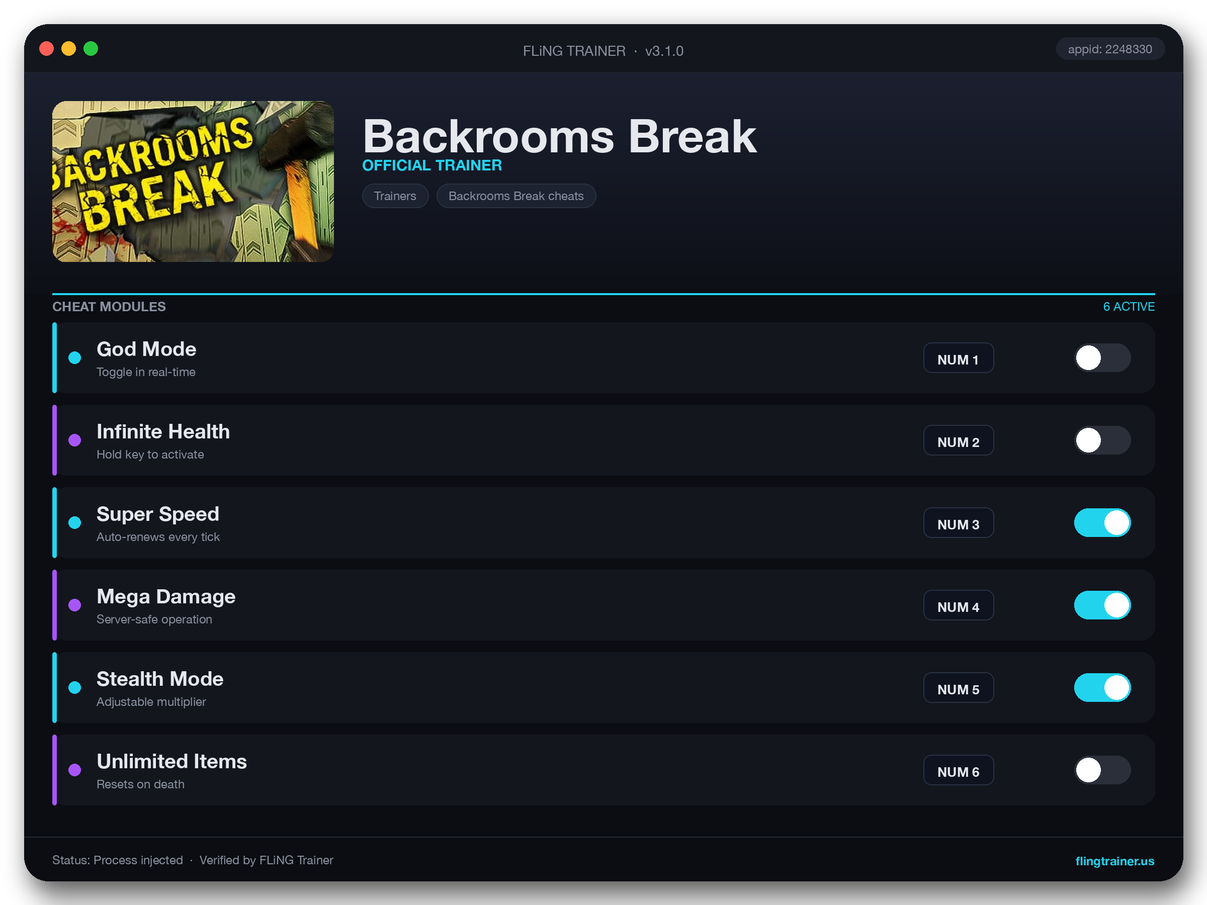 Backrooms Break Trainer interface
