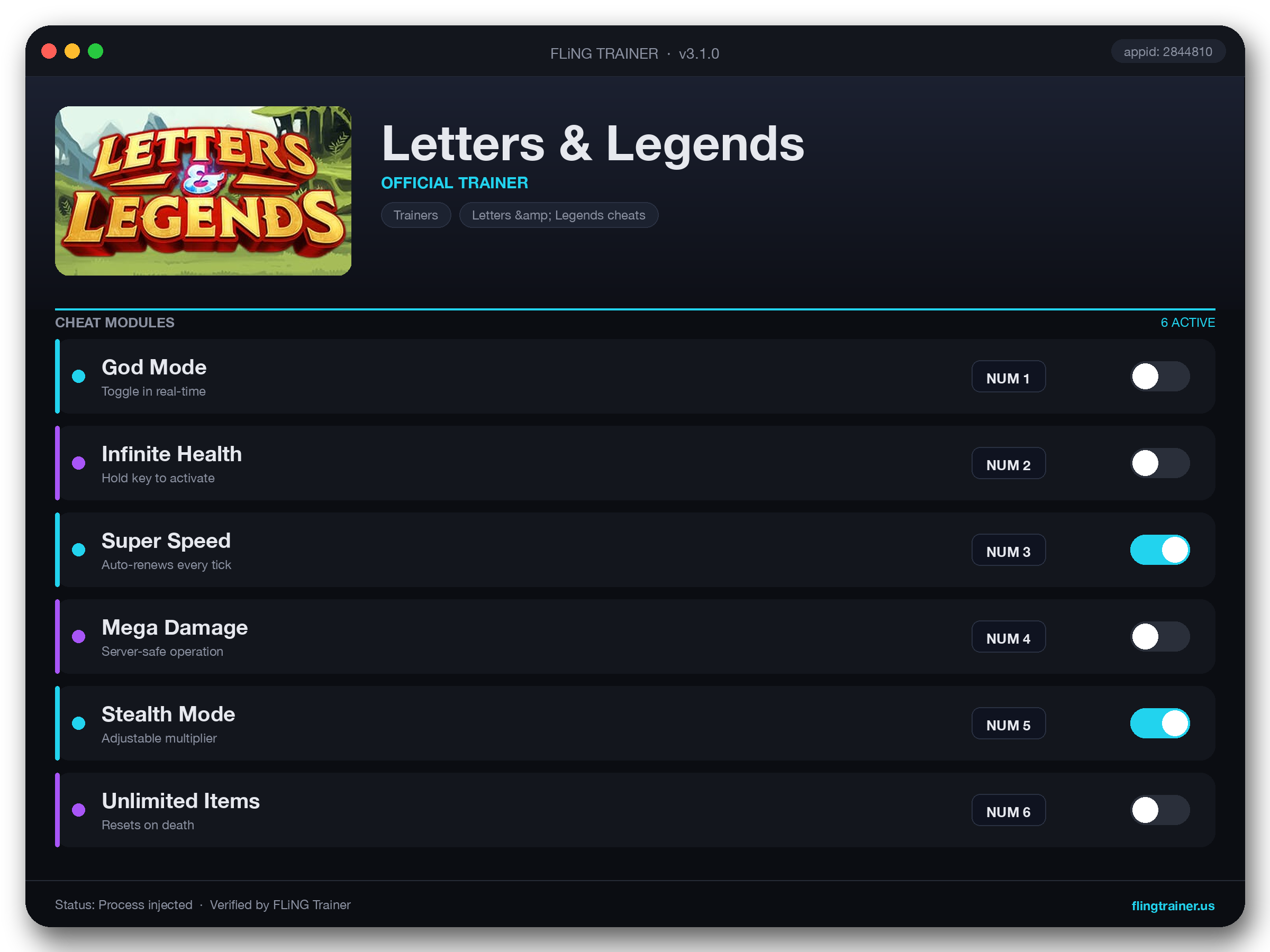 Letters & Legends Trainer interface