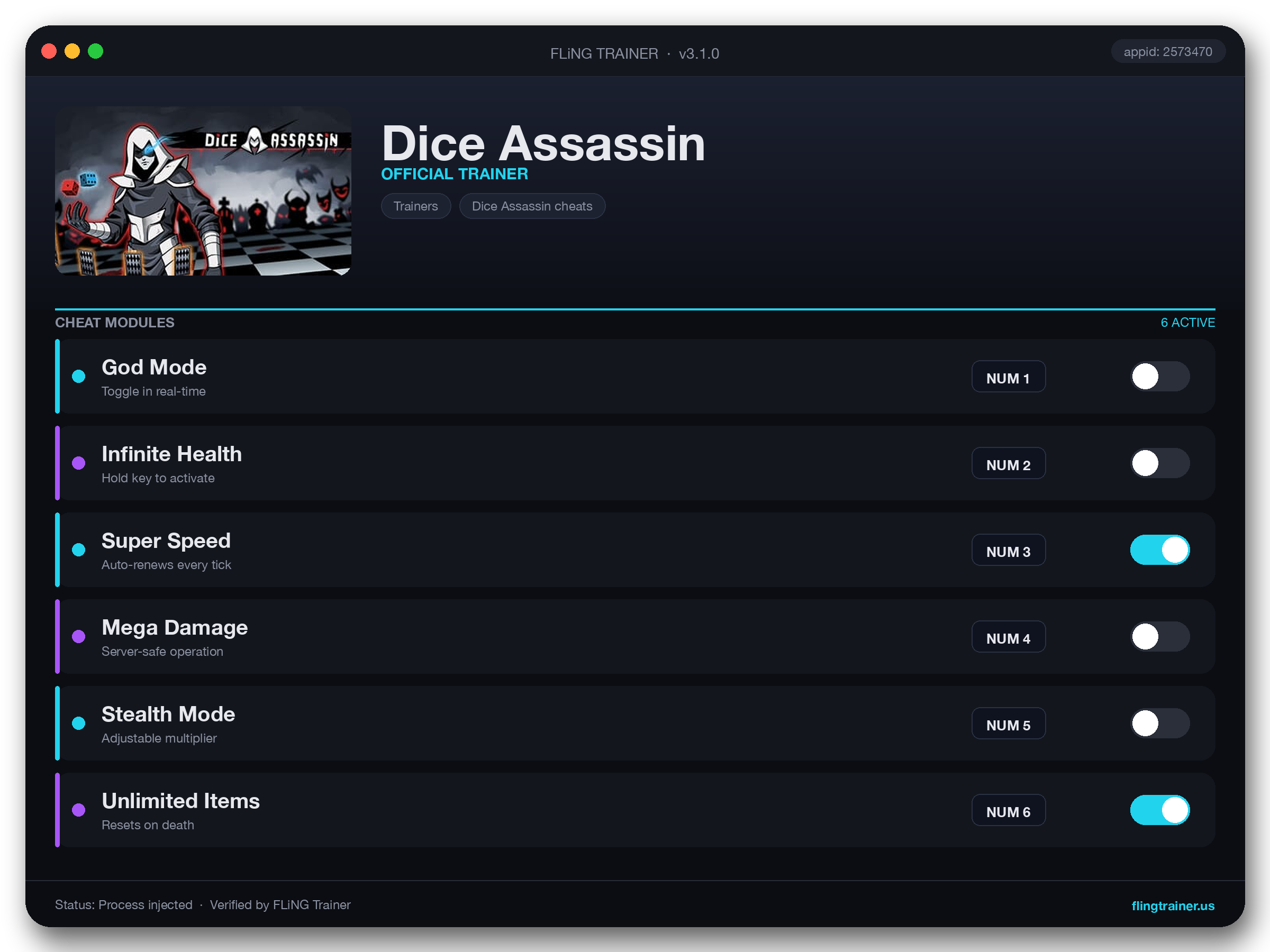 Dice Assassin Trainer interface