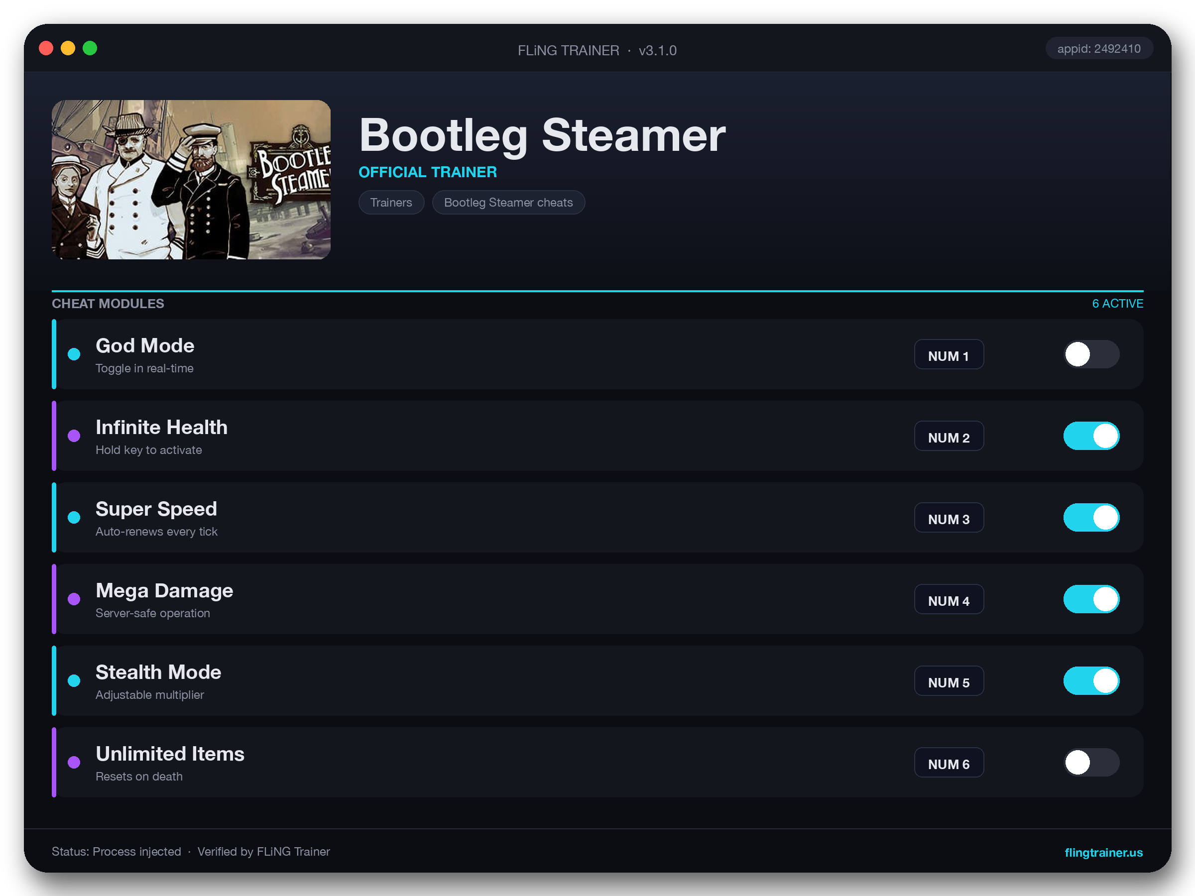 Bootleg Steamer Trainer interface