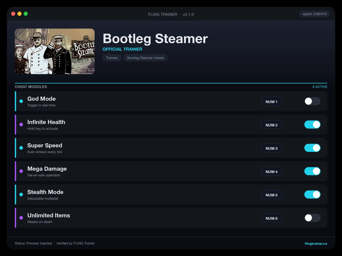 Bootleg Steamer Trainer interface