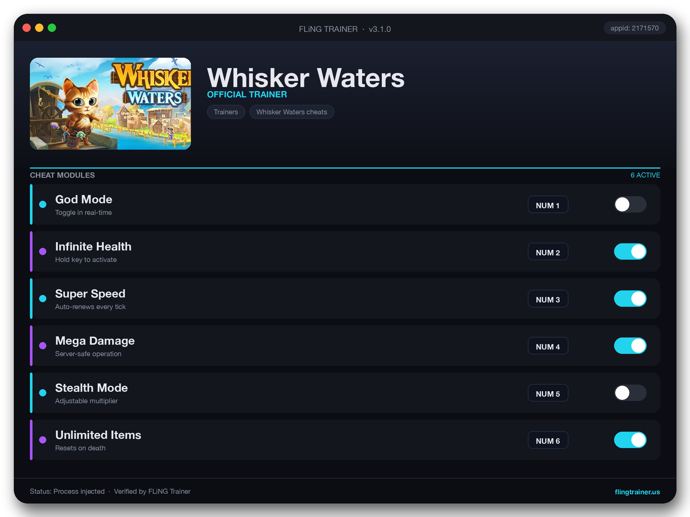 Whisker Waters Trainer interface