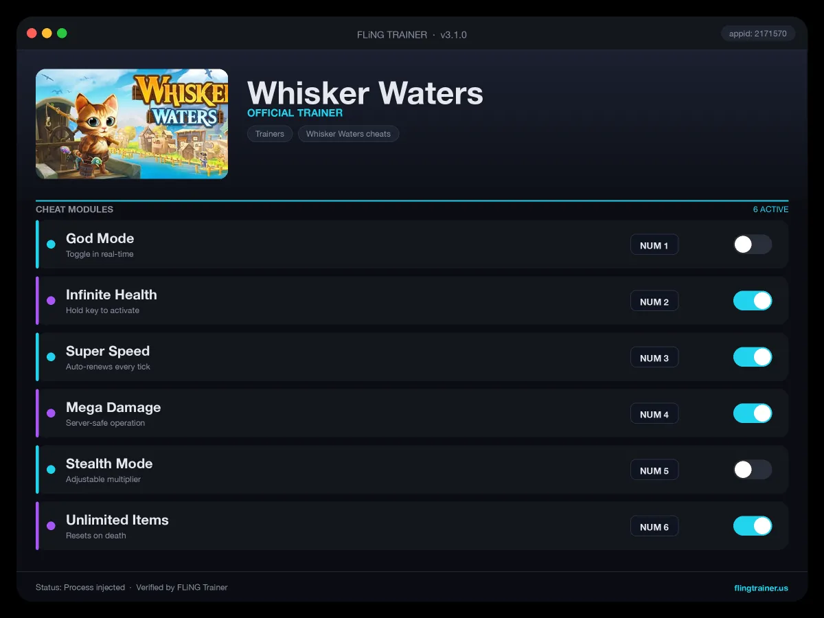 Whisker Waters Trainer interface