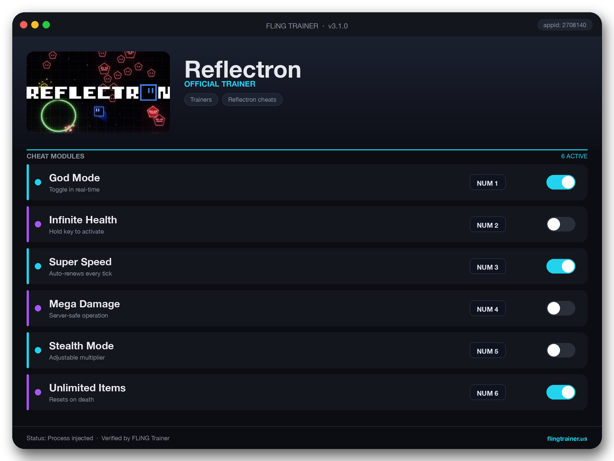 Reflectron Trainer interface