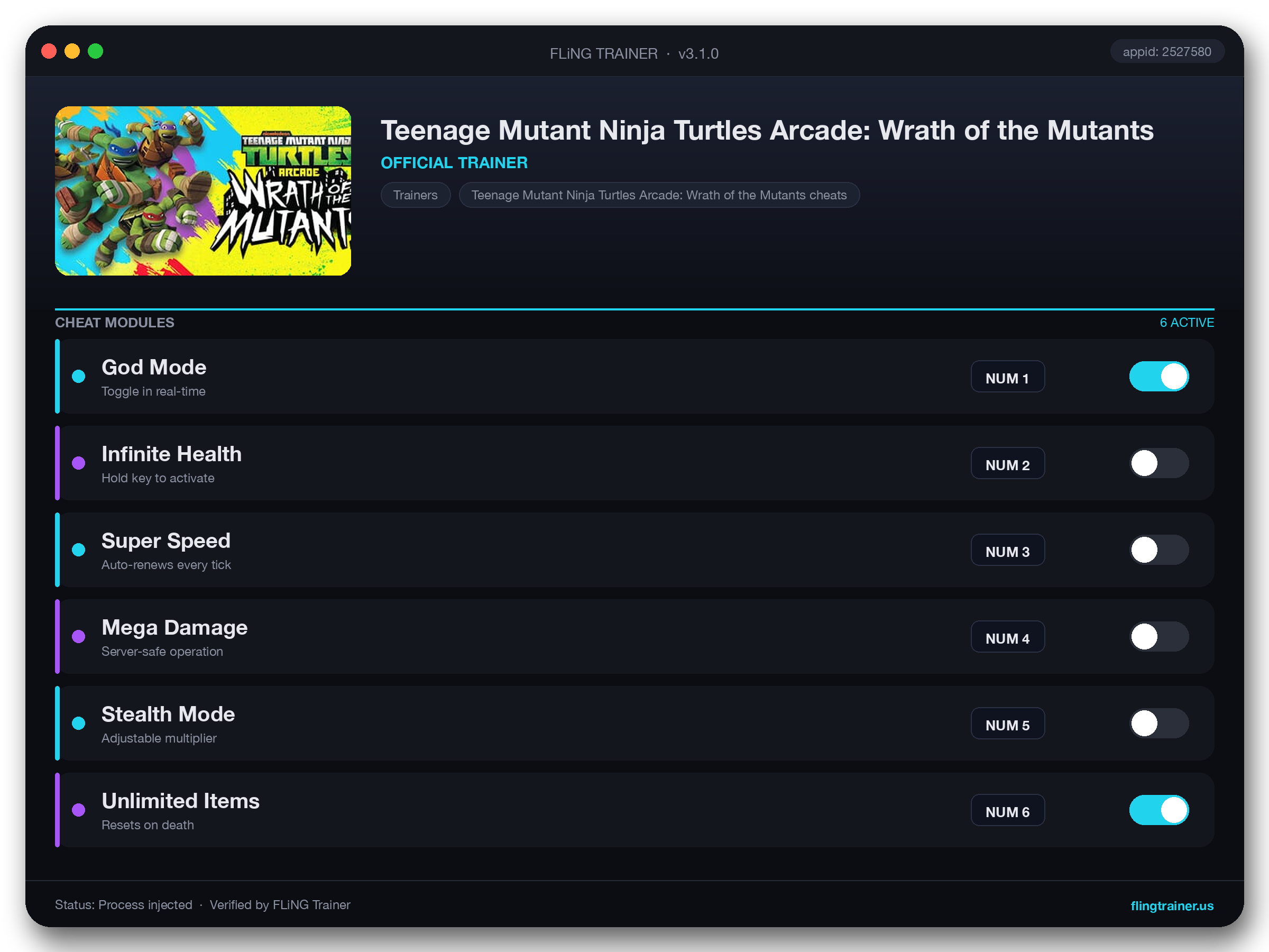 Teenage Mutant Ninja Turtles Arcade: Wrath of the Mutants Trainer interface