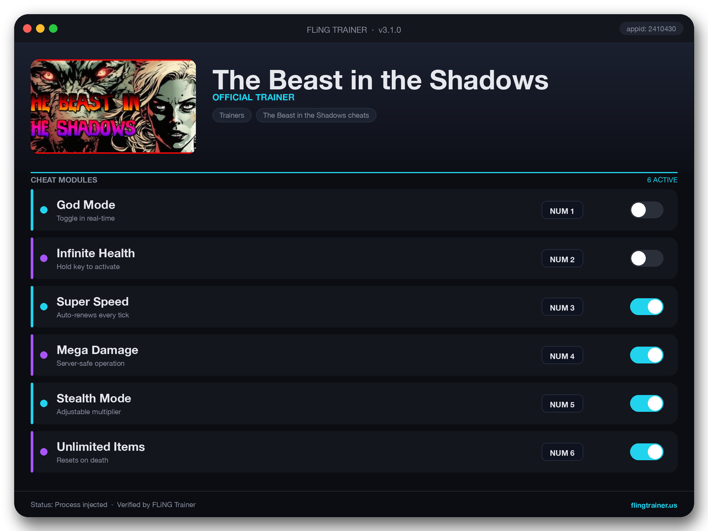 The Beast in the Shadows Trainer interface