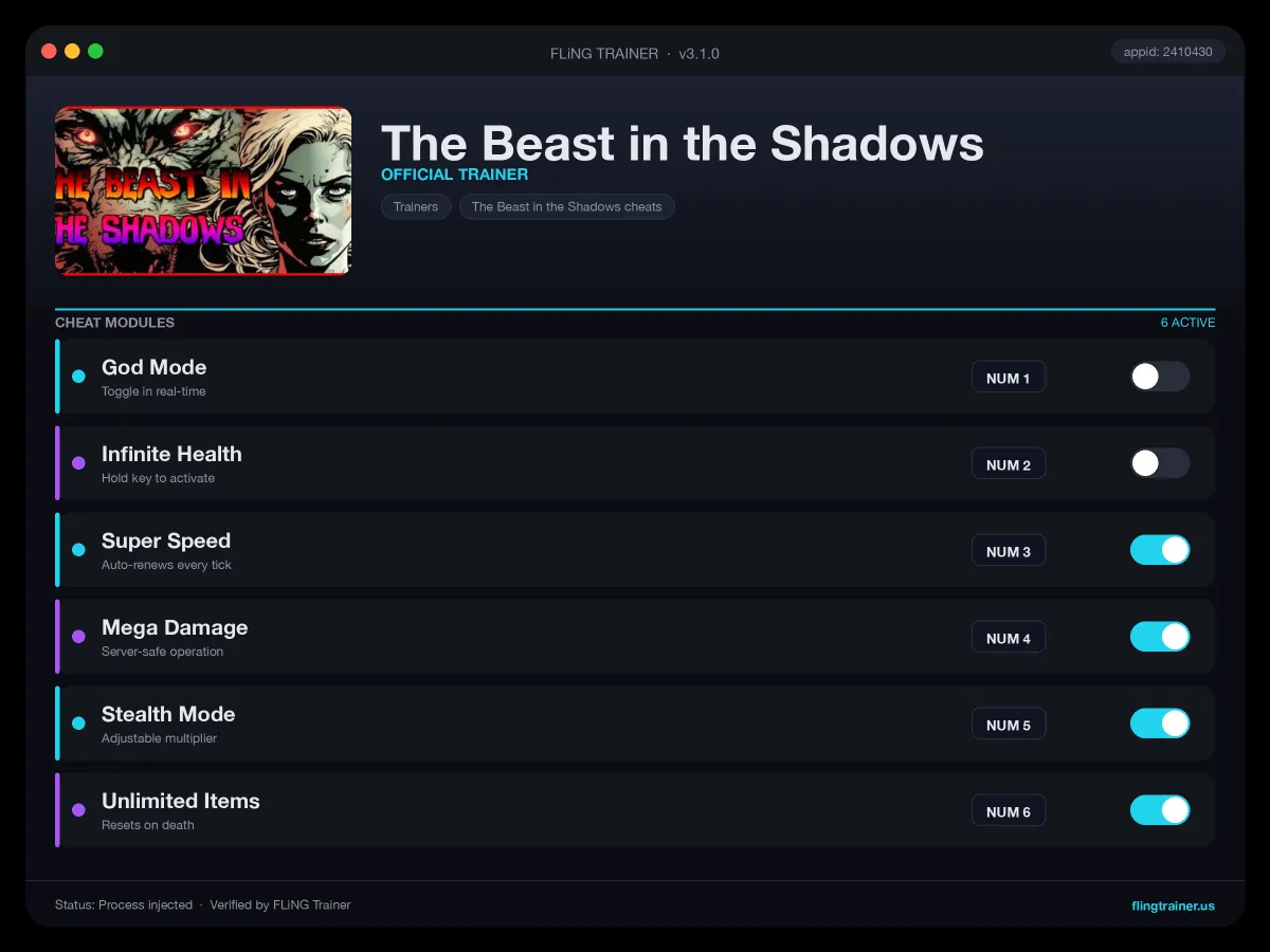 The Beast in the Shadows Trainer interface