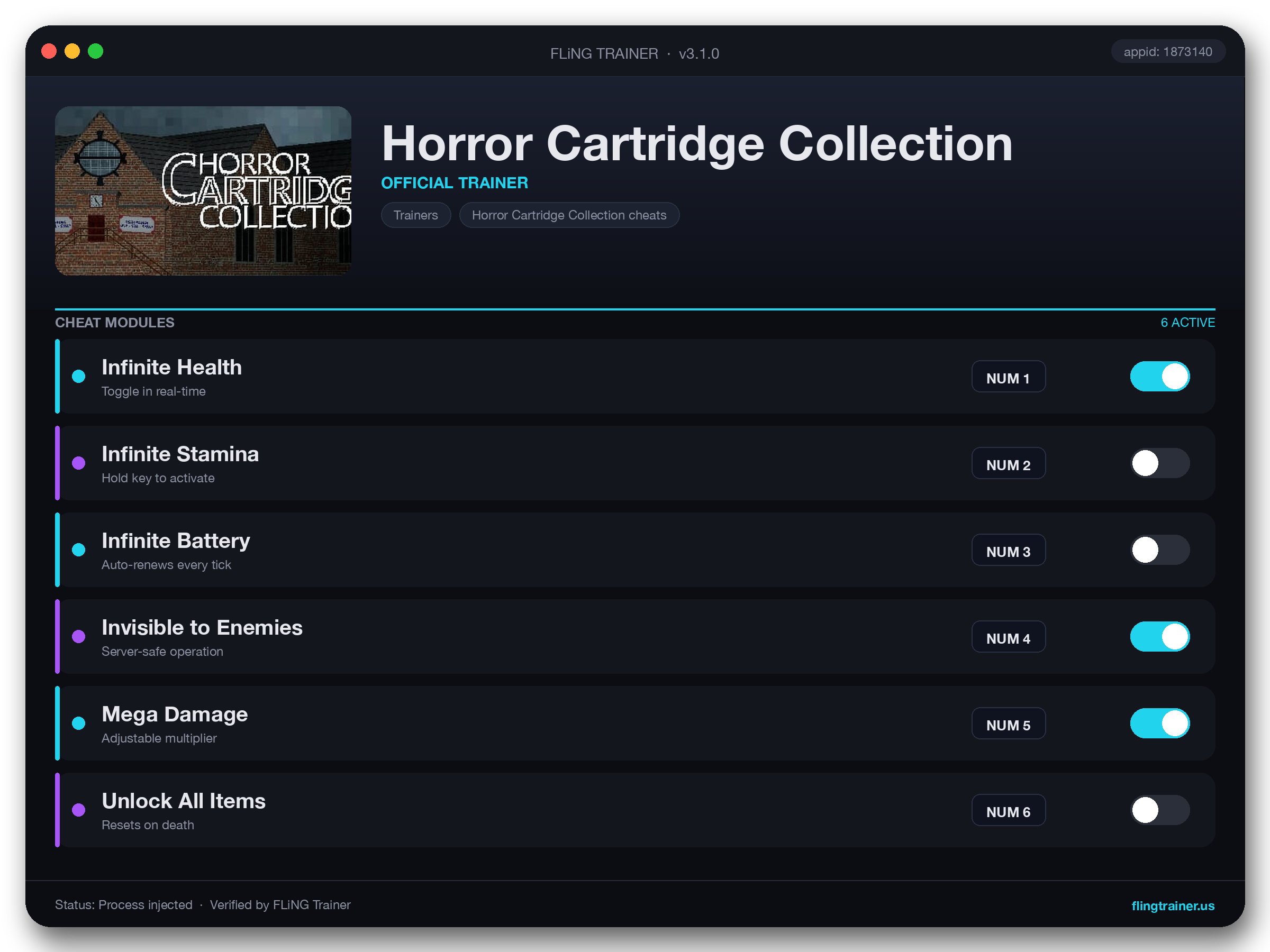 Horror Cartridge Collection Trainer interface