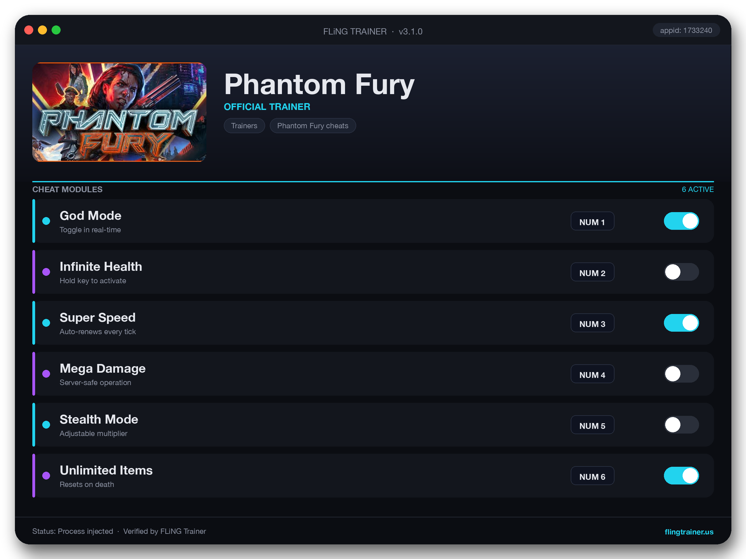 Phantom Fury Trainer interface