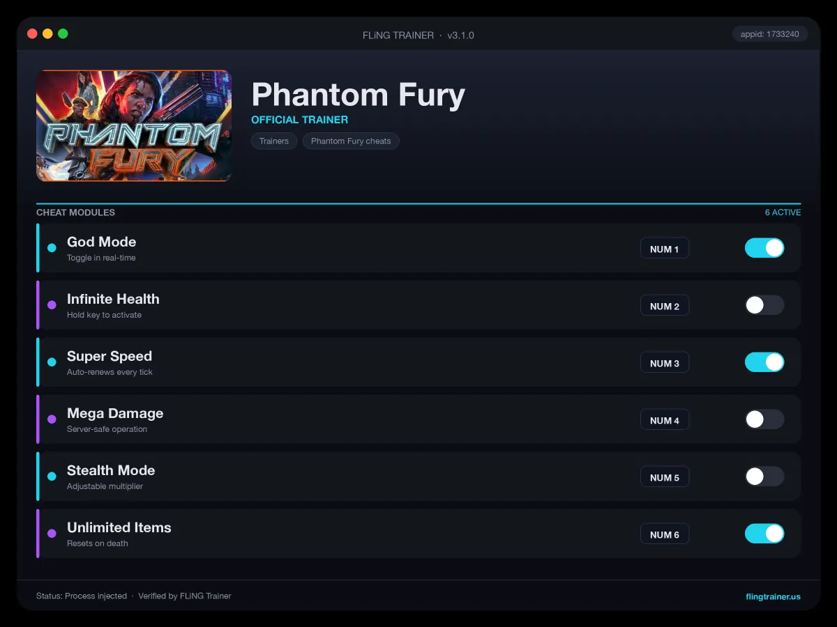 Phantom Fury Trainer interface