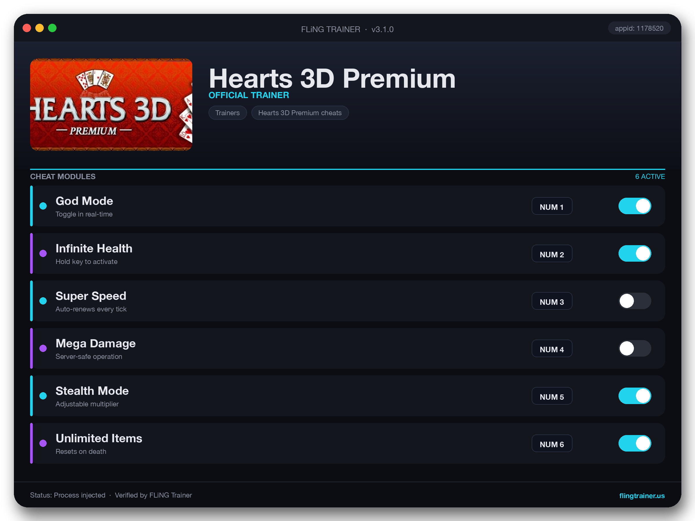 Hearts 3D Premium Trainer interface