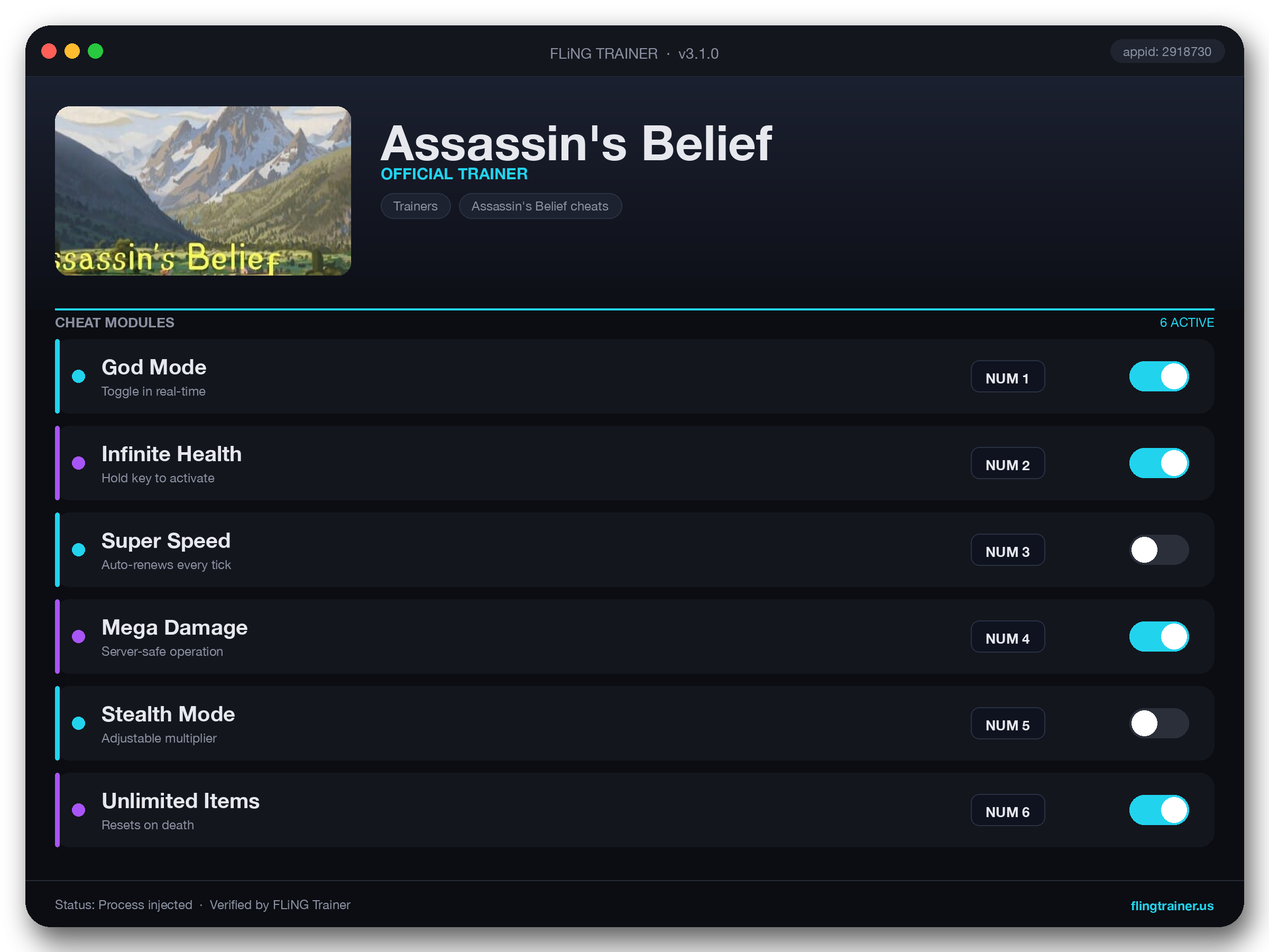 Assassin's Belief Trainer interface