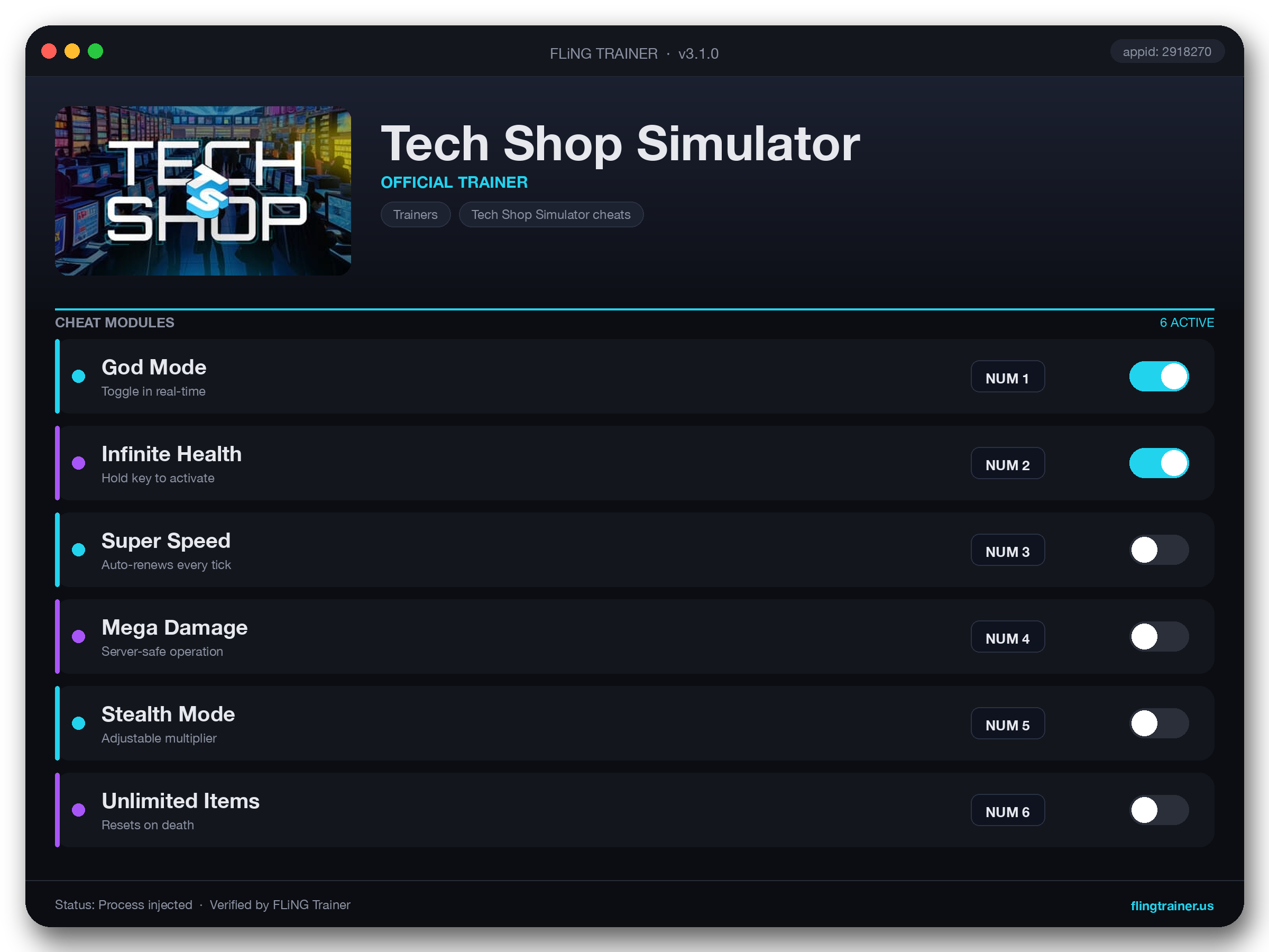 Tech Shop Simulator Trainer interface